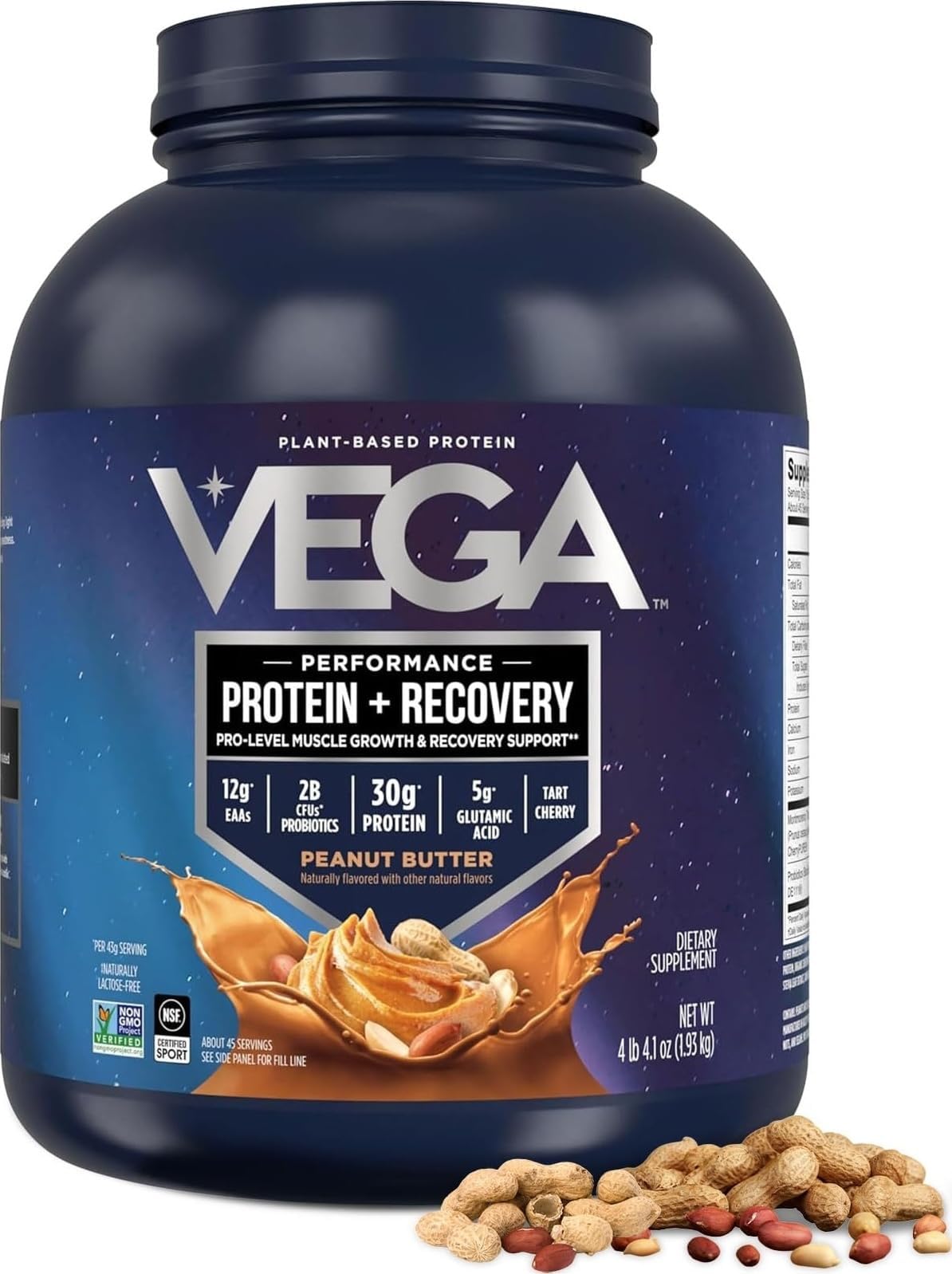Vega Protein + Recovery, Peanut Butter – 30g Vegan Protein, Dairy & Gluten Free, Probiotics, NSF Certified, 67.2 oz (45 Servings)