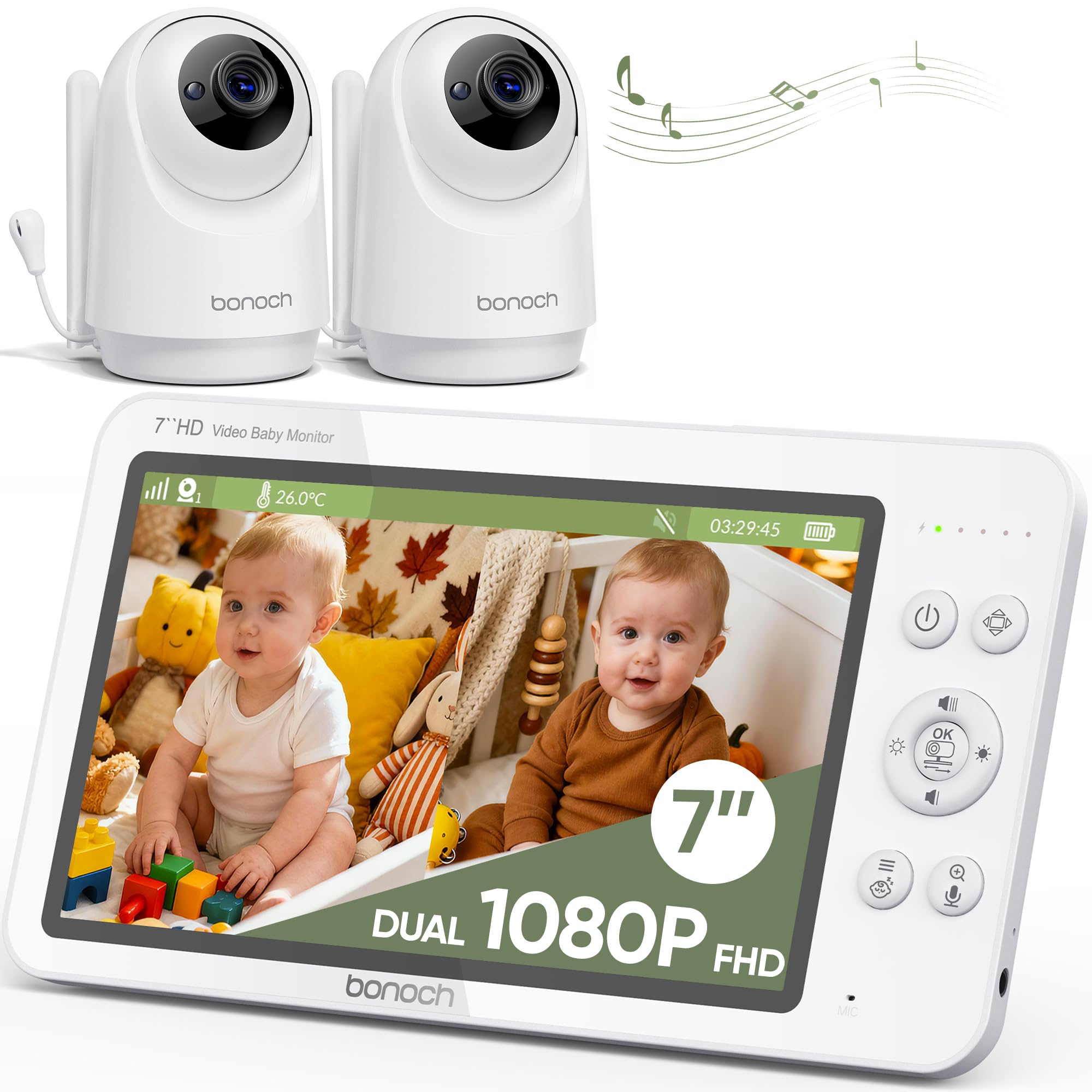 Photo 1 of bonoch V2.0 1080P Baby Monitor with 2 Cameras, 7" MegaView Split Screen Baby Monitor No WiFi, 2026 Upgraded Sleep/Crying/Motion Detection, Dual Video Monitor with Camera and Audio, White Noise