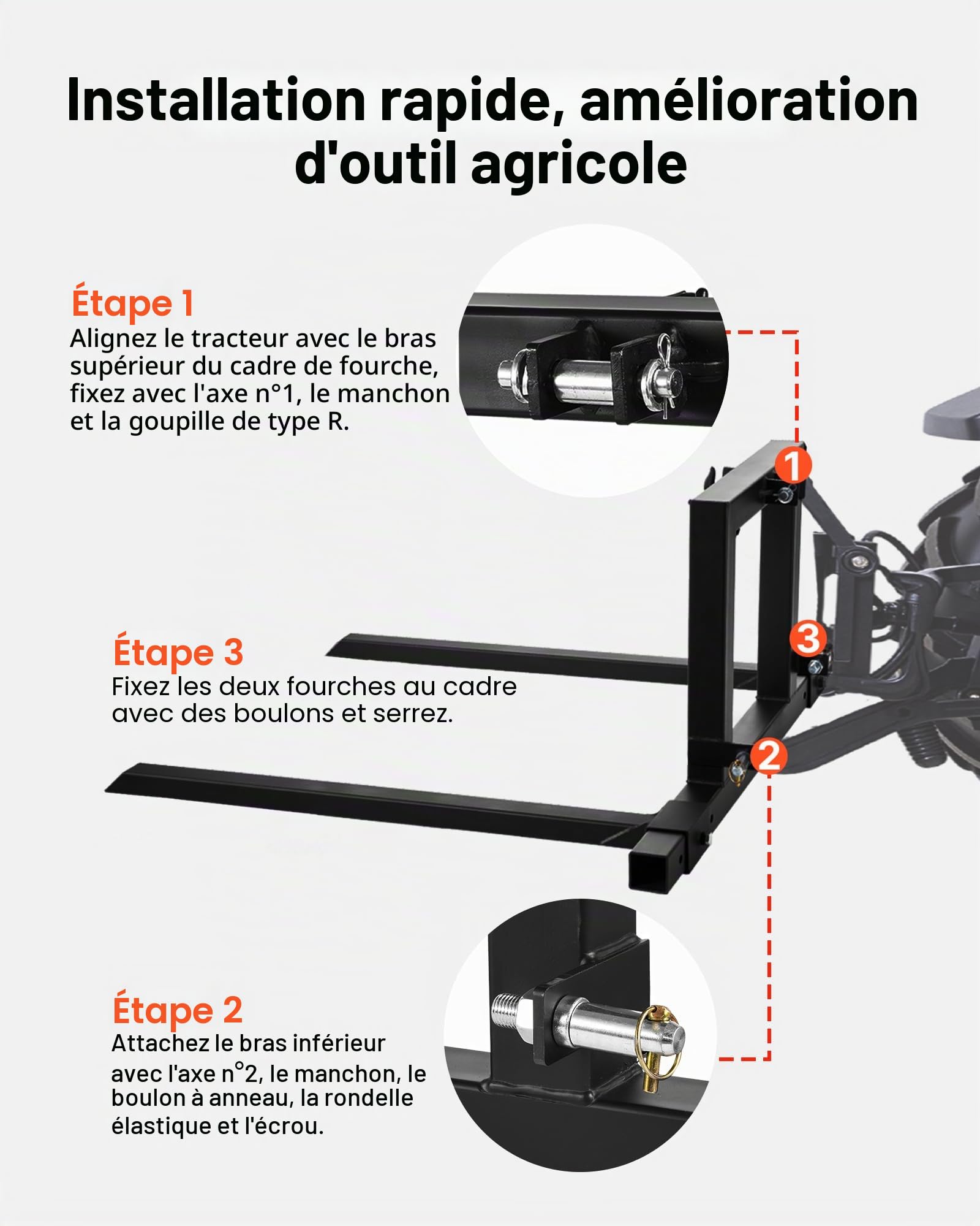 VEVOR Fourches à Palettes Attelage 3 Points Charge 680 kg Fourches à Palettes à Pince, Longueur Totale 128 cm, Largeur de Fourche Réglable 73,5-11,7 cm, Attache Rapide pour Tracteurs de Catégorie 1