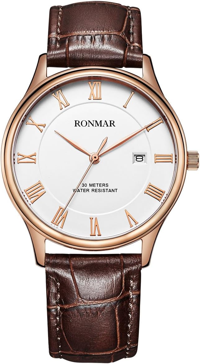 RONMAR RM8005G Luxury Men Leather Quartz Wrist Watches with Day Indicator