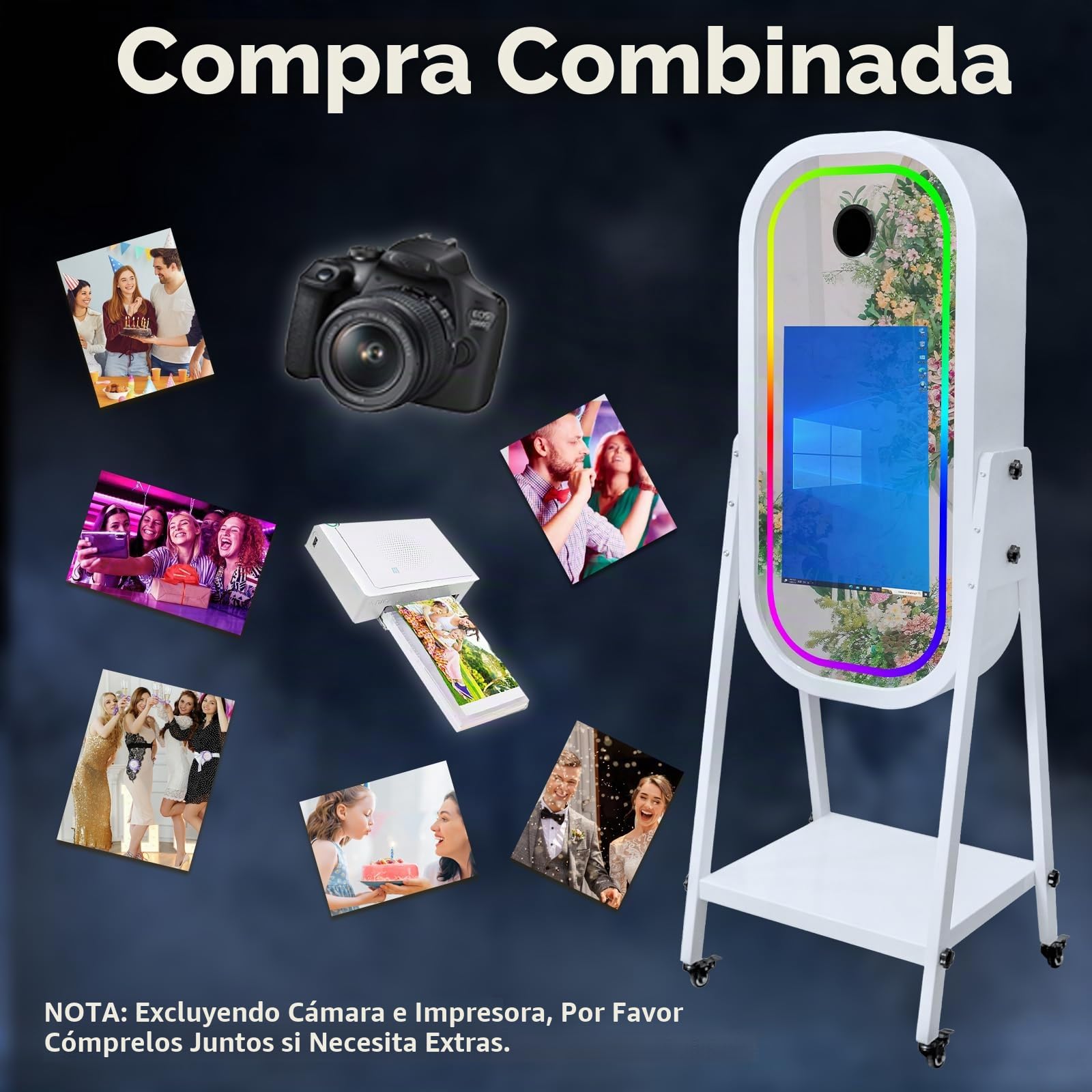 Máquina de fotomatón de espejo mágico con pantalla táctil de 21.5 pulgadas, máquina de fotomatón para selfie, luz RGB para eventos, alquiler de bodas, fiestas (Máquina + cámara + mini impresora)