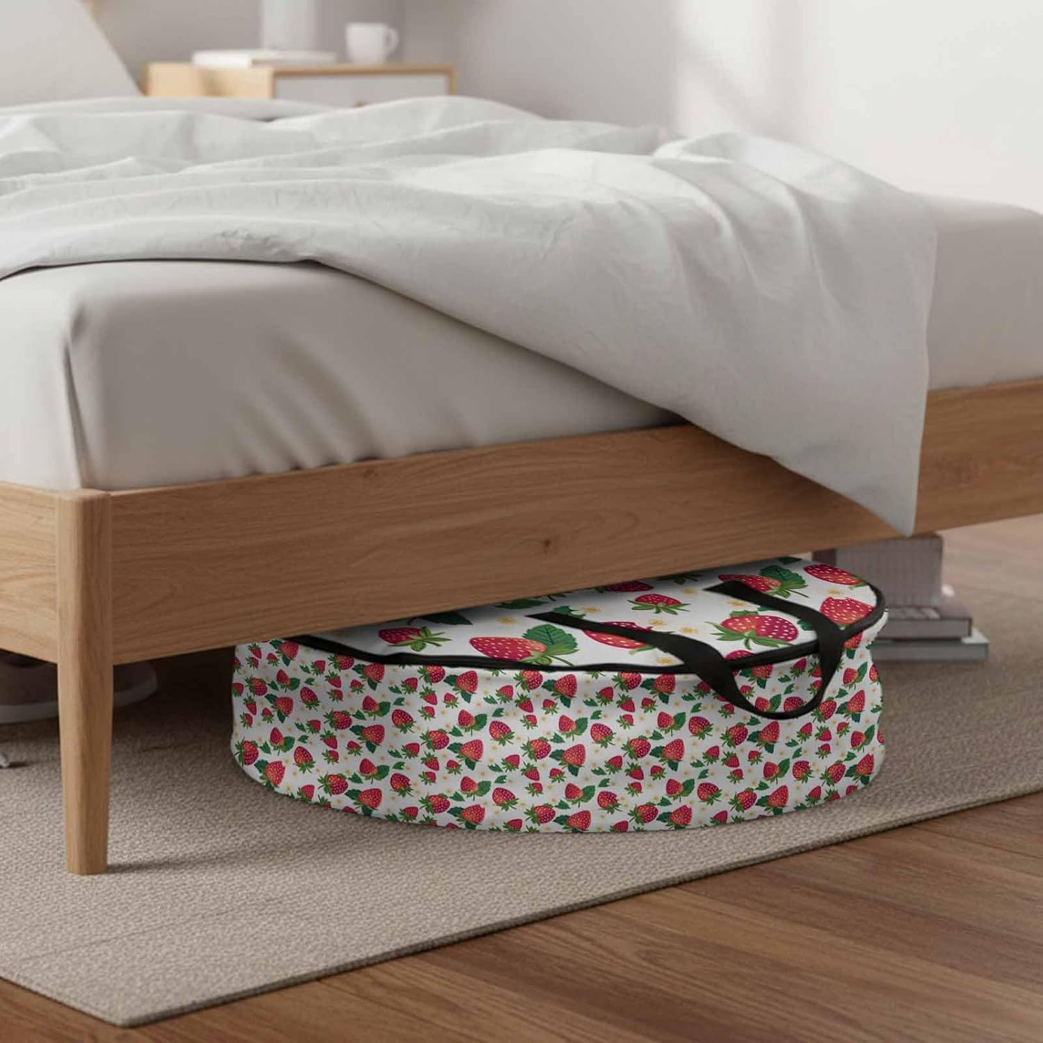 Storage Bag Strawberry Round Storage Totes Bins Closet Organizers with Zippers & Handle Cute Floral Fruit Clothes Storage Container for Bedroom Dorm Space Saving Packing Supplies Moving Bags