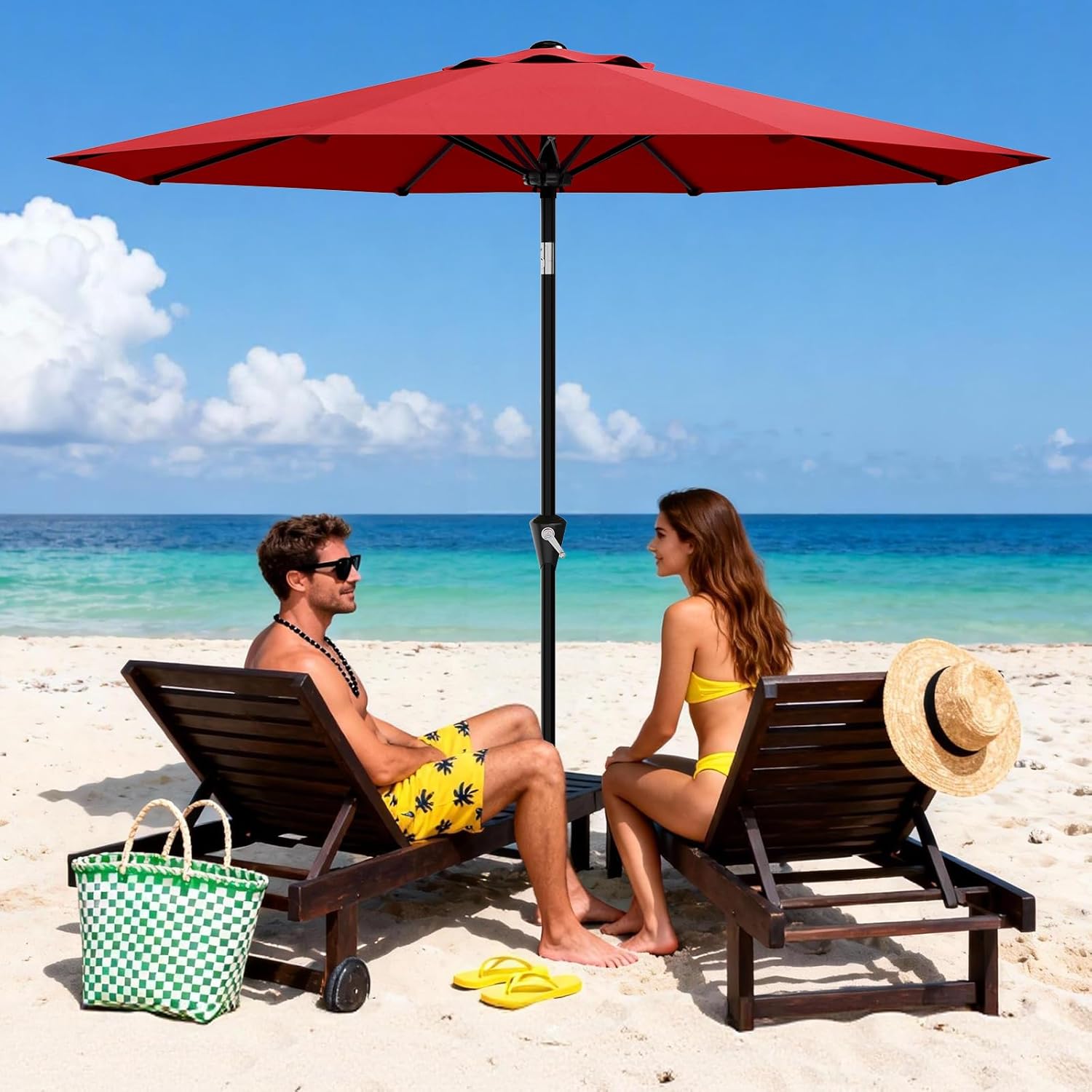 garvee 9ft patio umbrella - outdoor table umbrella with smooth crank lift, push button tilt and 8 sturdy ribs - market umbrella uv protection waterproof for pool, deck, yard, garden -red red 9ft