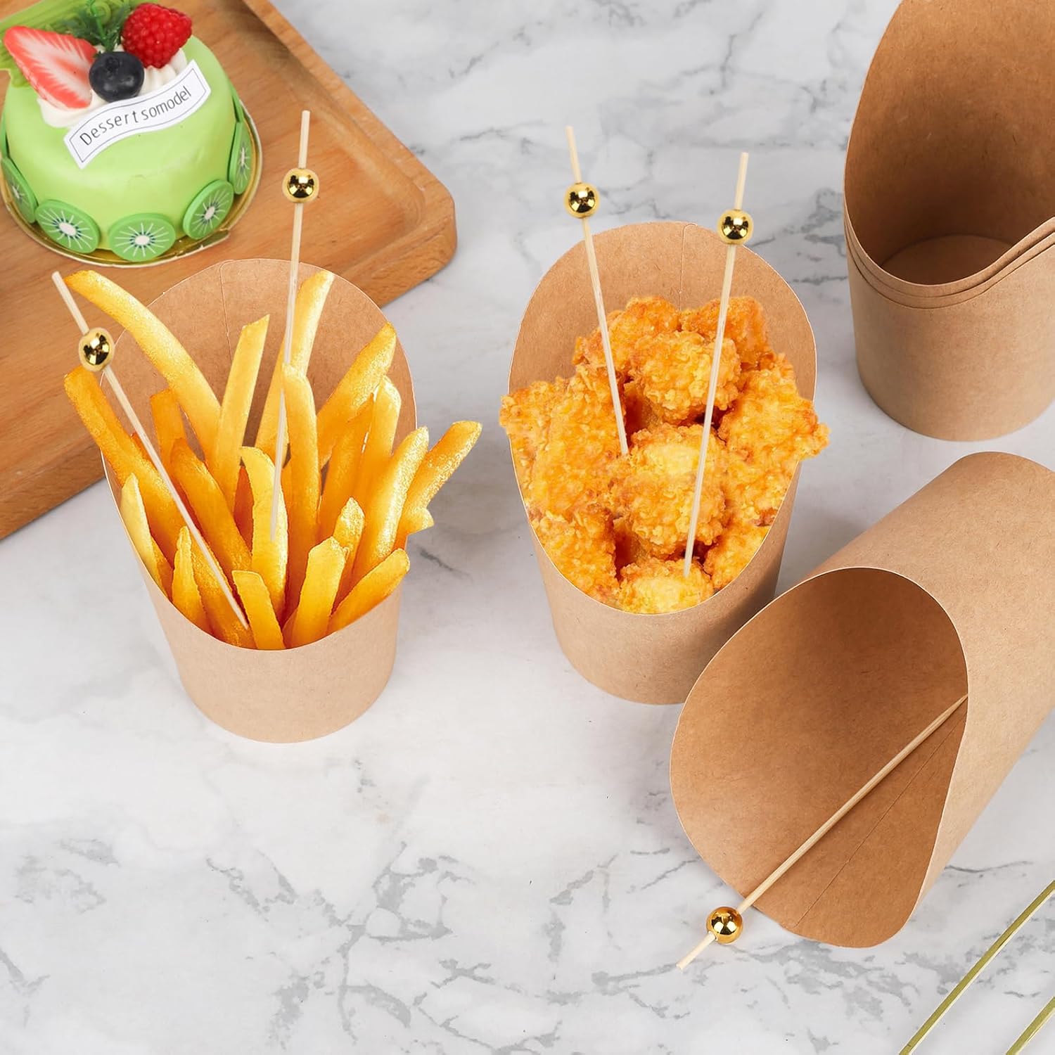 550 Pcs Paper Charcuterie Cups Disposable Set, 150 pcs 14 oz Kraft Paper Appetizer Cups with 400 Bamboo Cocktail Picks, French Fry Cones Food Containers