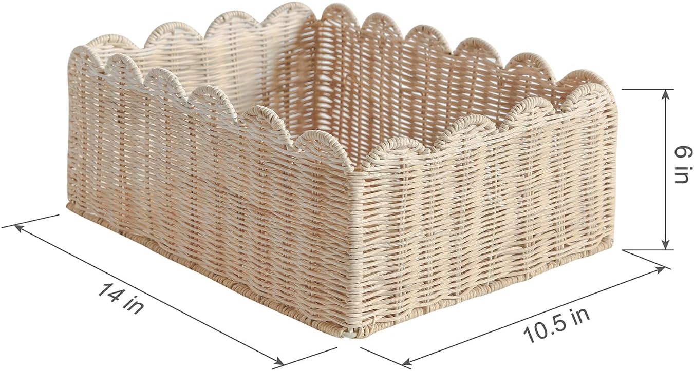 Scalloped Edge Basket, Wicker Storage Baskets, Hand Woven Baskets for Shelves,Natural Baskets for Organizing (S+M-Rattan)