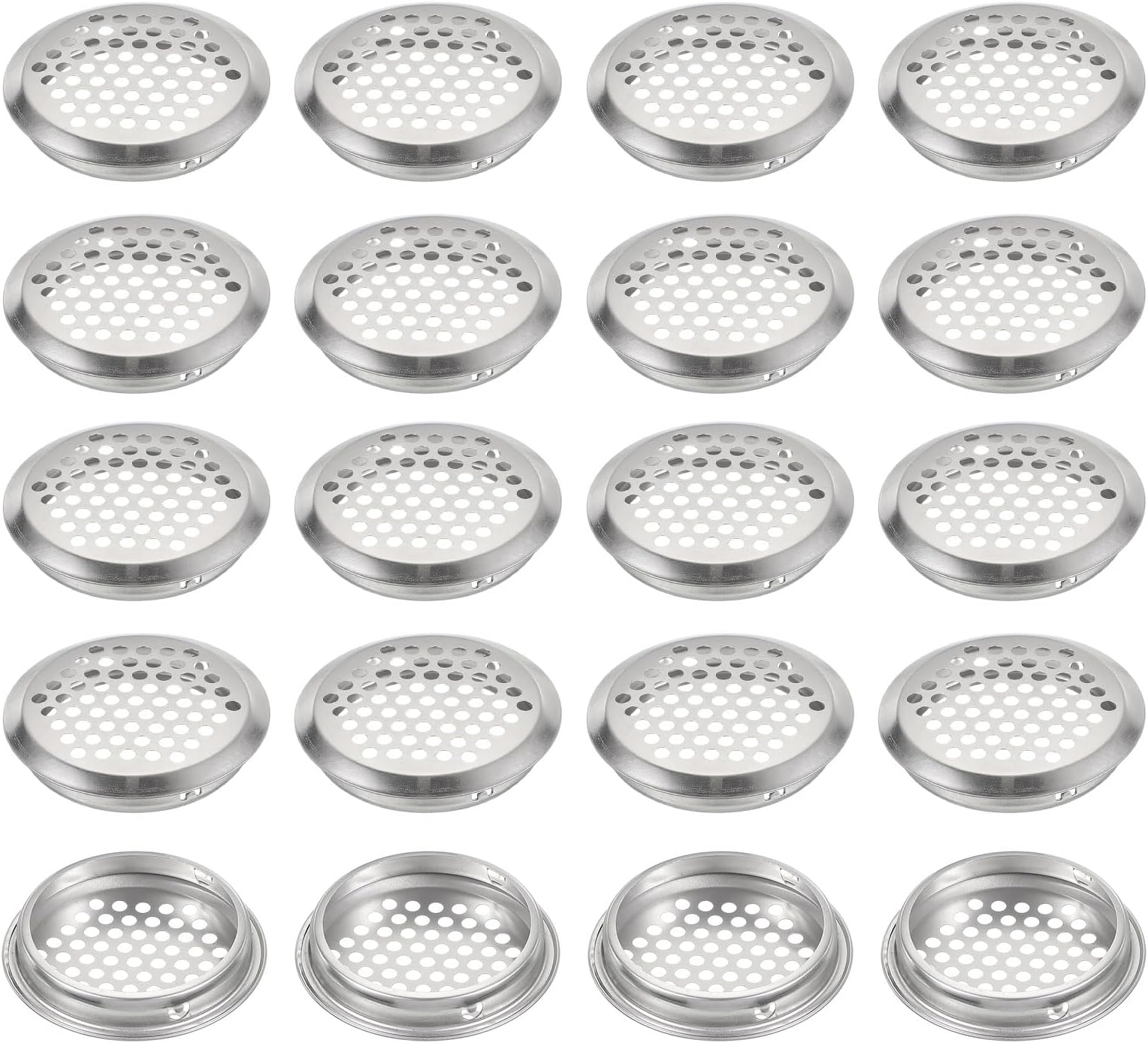 60 mm Circular Soffit Vent, 20 Pcs Stainless Steel Round Mesh Hole Air Vents Dual Panel Round Mesh Hole Louver for Kitchen Wardrobes Shoe Sundry Cabinets Bathroom, Silver