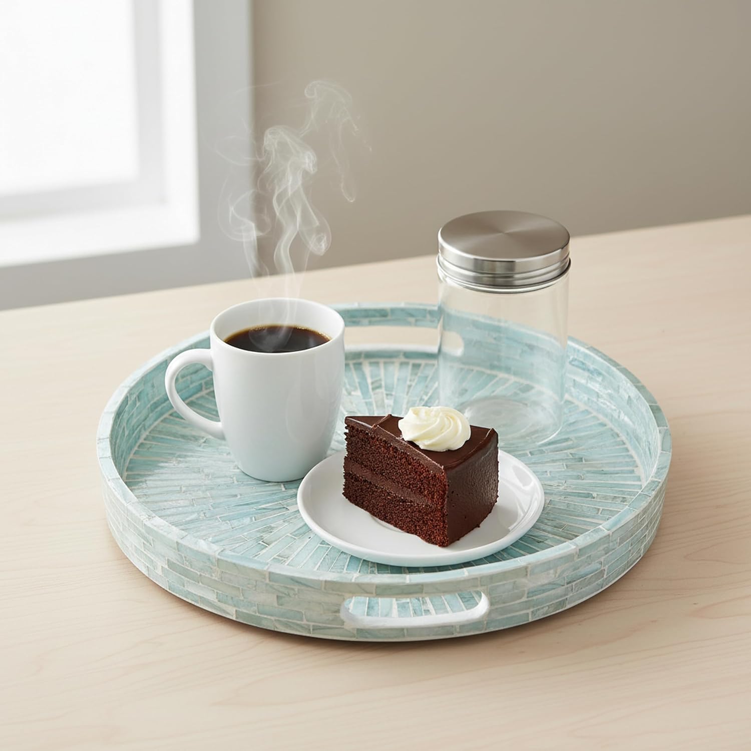 PEMAR 12.6” Mother of Pearl Round Serving Tray with Handles, Decorative Nacred Wooden Ottoman Coffee Table Tray (Teal Sunlight) - Image 6