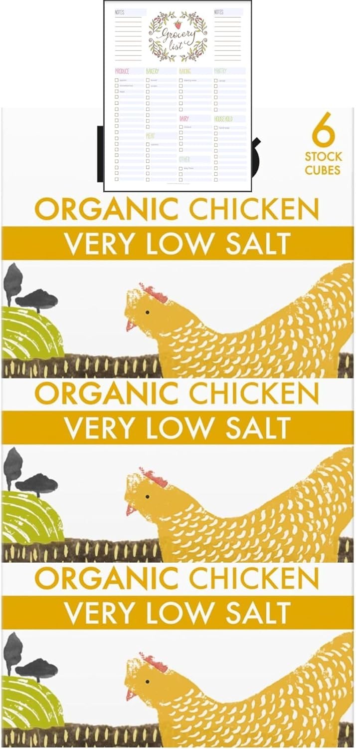 Very Low Salt Chicken Stock Cubes Bundle which Contains Kallo Chicken Cubes 48g - Pack of 3 with Grocery List Card