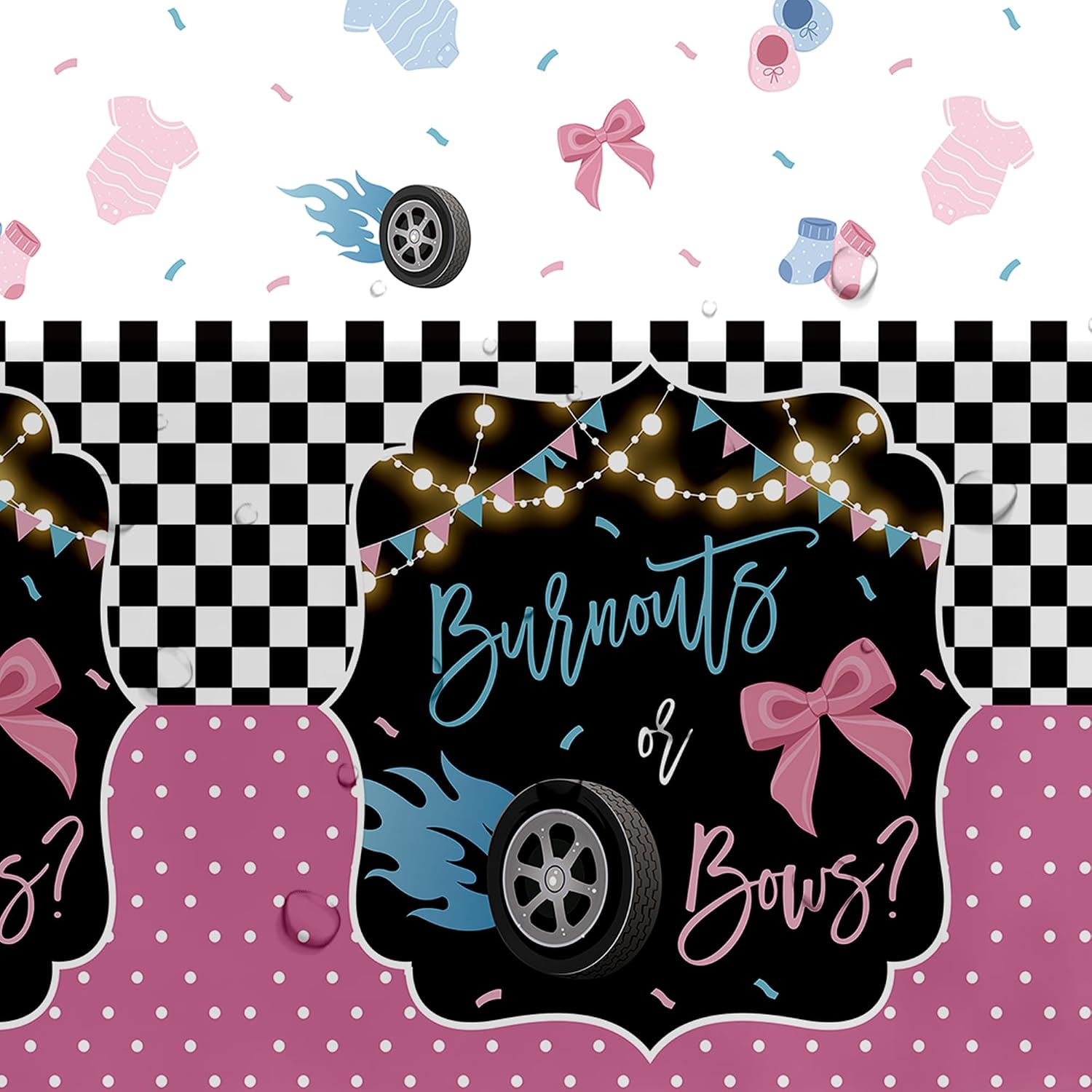 Burnouts or Bows Gender Reveal Decorations Tablecloth, 3 Pack Disposable Boy or Girl Gender Reveal Party Tablecover Supplies for Race Car vs Bows Baby Shower, 86in x 55in