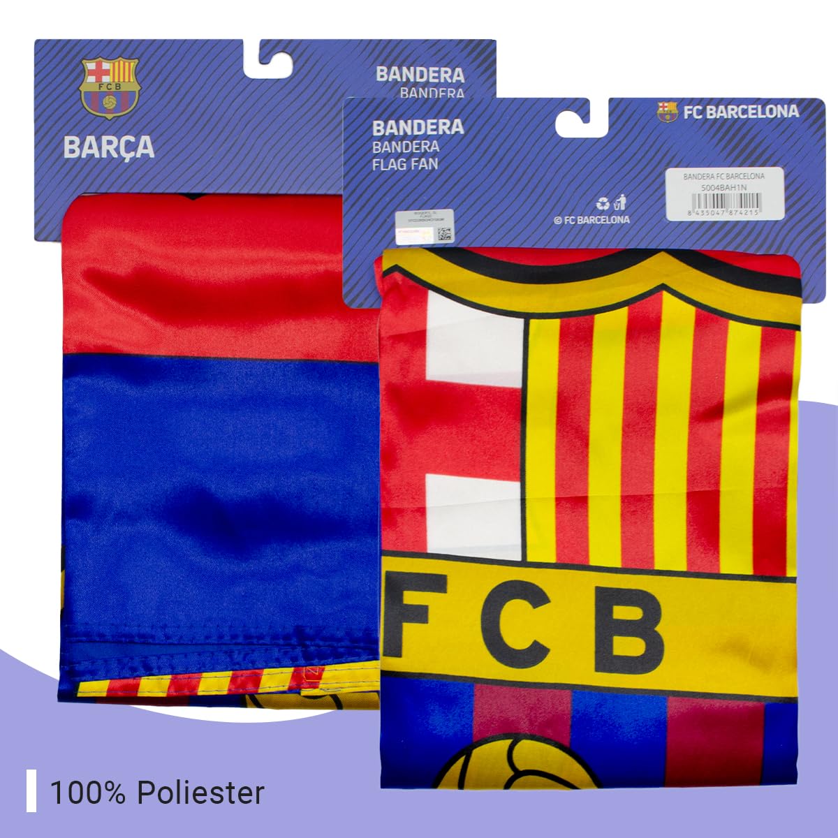 Bandera oficial del Barcelona de Fútbol + Llavero 100% Culers | 150 x 100 cm - Fondo Escudo en el centro Estela | Producto Oficial