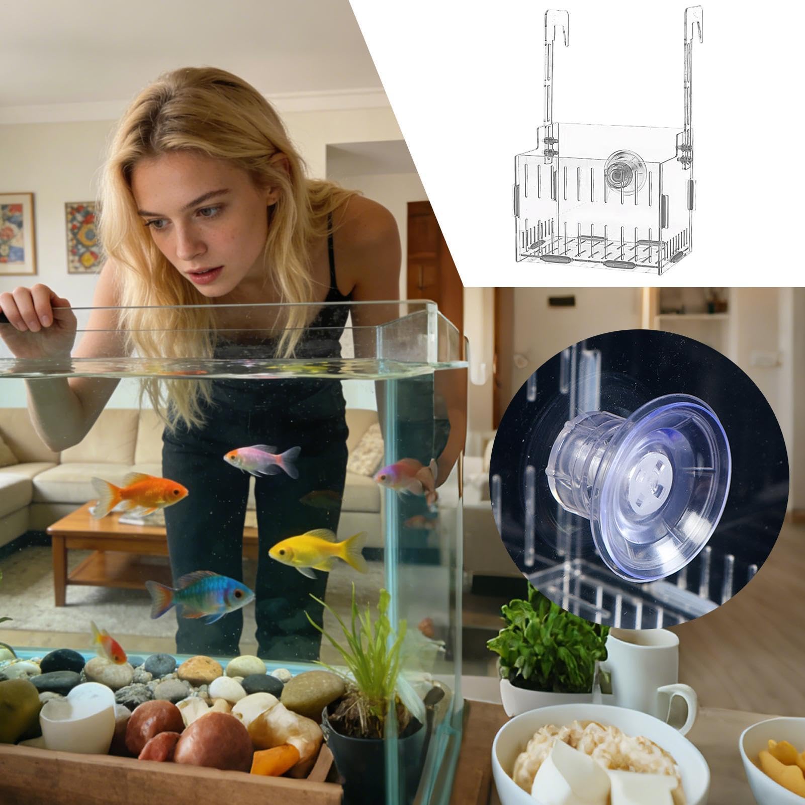 Soporte para plantas de acuario – colgante hidropónico acrílico, macetero de tanque con doble gancho ajustable | Exhibición de plantas flotantes transparentes para decoración de vid de musgo a