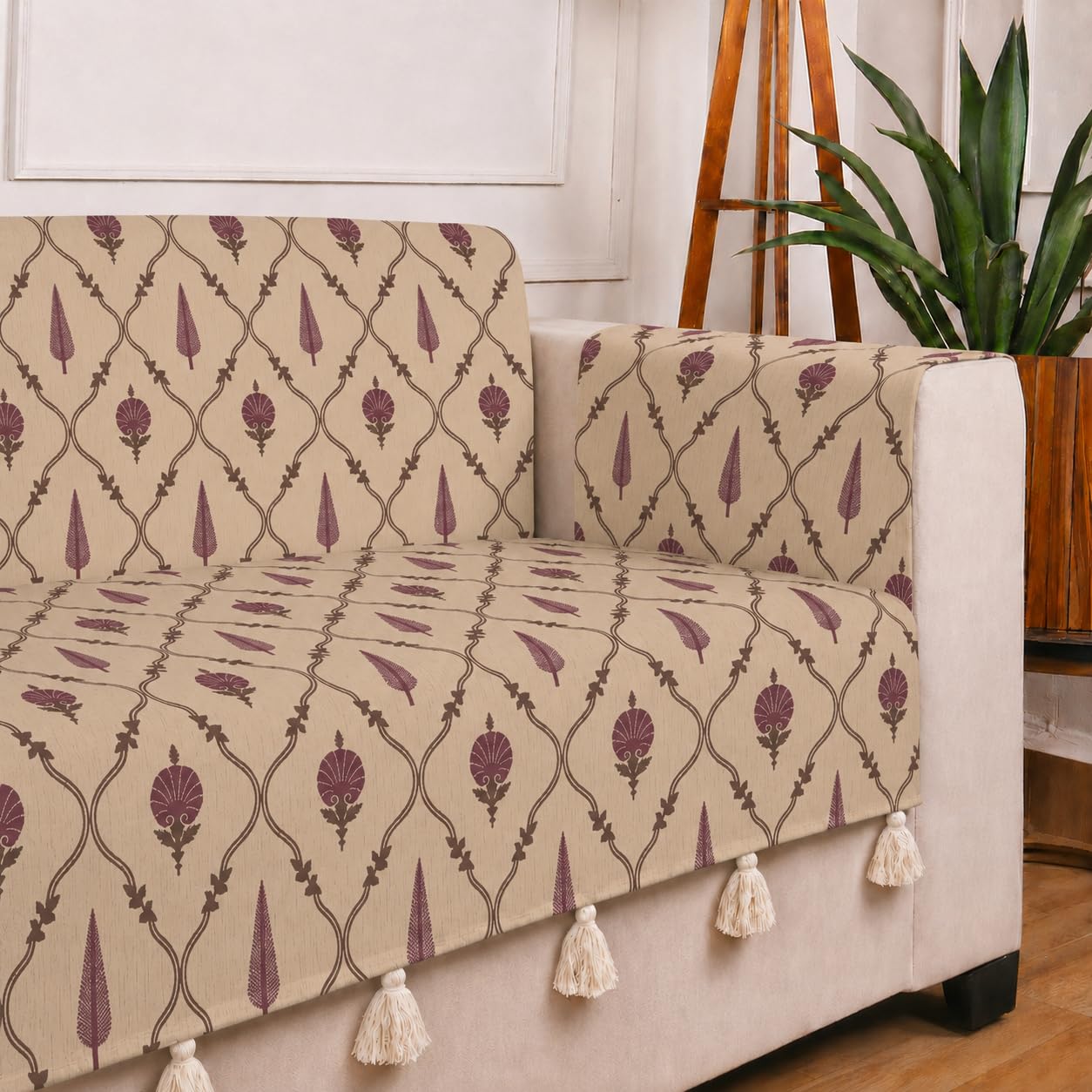 STITCHNEST 'Eden Weaves Collection Series' 2 Seater Sofa Cover | Full Coverage with Armrest Pockets | Elegant Woven Fabric, Decorative Tassels, Washable & Durable for Modern Living