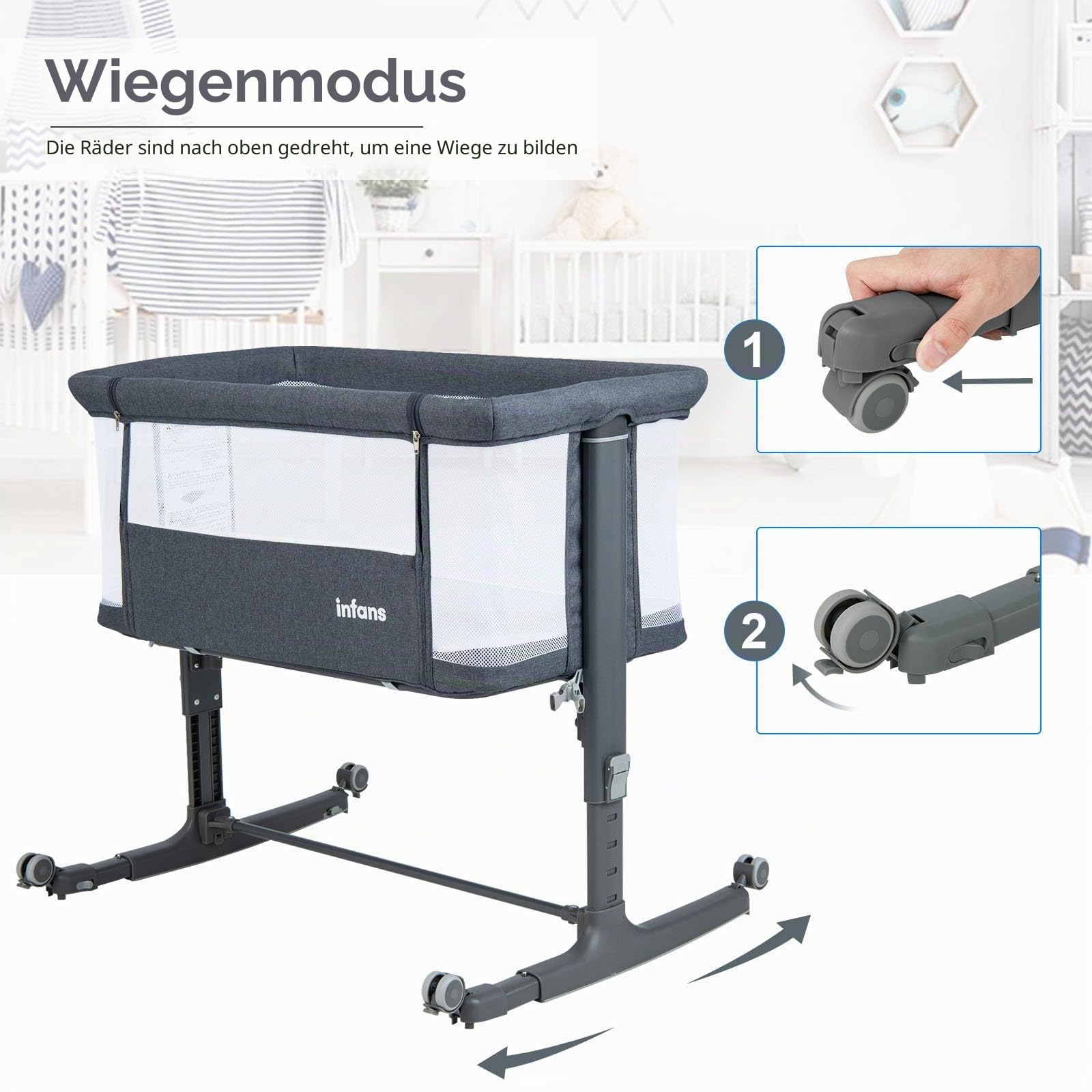 LIFEZEAL 3 in 1 Beistellbett, 5-stufig höhenverstellbares Babybett, Babywiege Stubenwagen mit Matratze, Mobiler Reisebett auf Rollen mit Tragetasch, Kinderbett für Baby ab Geburt bis 9 kg (Dunkelgrau)