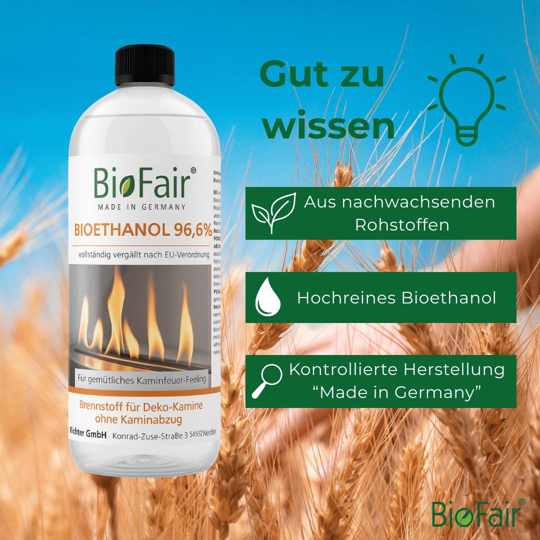 BioFair Bioethanol 96% für Ethanolkamin, Tisch- und Wandkamin, 24 x 1 Liter
