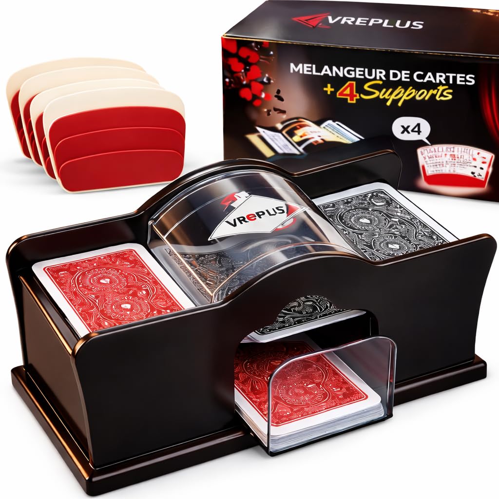 Mélangeur de Cartes Manuel à Manivelle 2 Jeux+ 4 Supports,2 Plateaux – Mélange Rapide et Facile – Pack Poker, Blackjack, Jeux de Société, Soirées et Famille