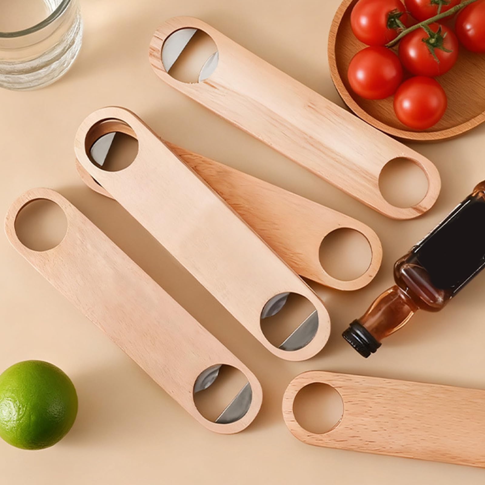 10 abridores planos de botellas de cerveza con mango de madera, accesorios de cocina