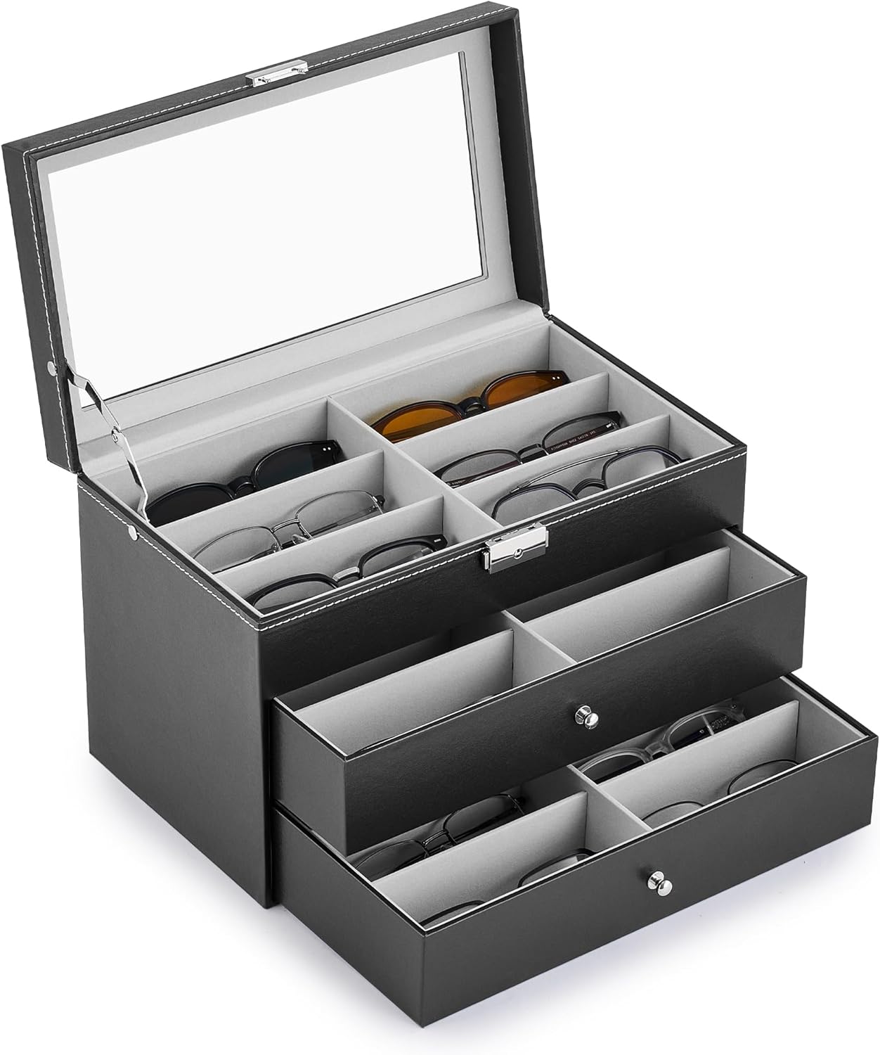 CO-Z Sunglasses Organizer, Leather Eyeglasses Storage Box for Women Men, Lockable Sunglass Display Case Holder with Drawer