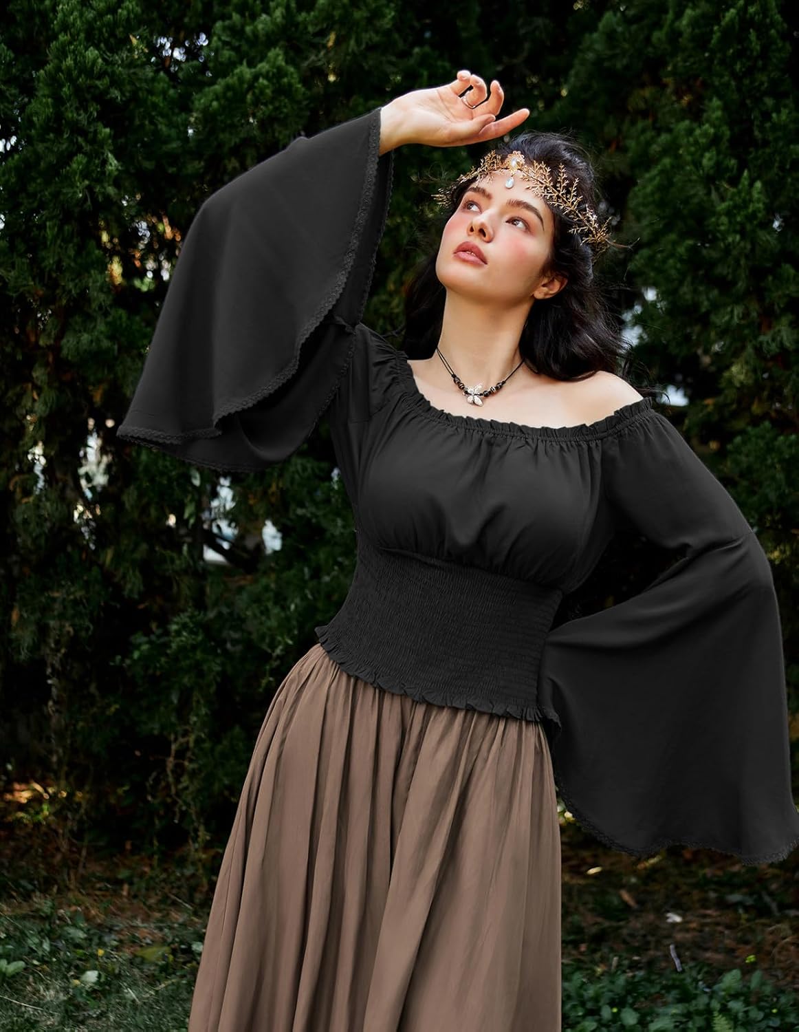 Scarlet Darkness Women Bell Sleeve Smocked Top Off The Shoulder Peasant Blouse Renaissance Pirate Shirt - Image 3