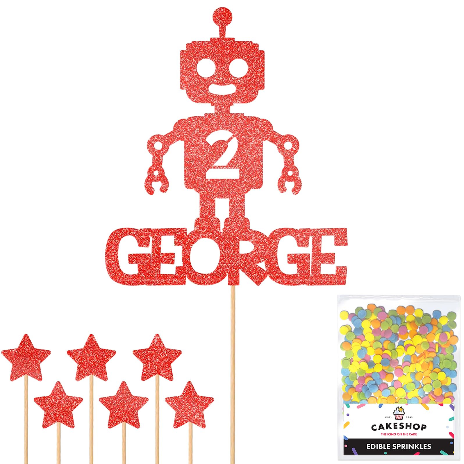 Personalised Birthday Space Robot Glitter Cake Topper- Red Any Custom Age & Name Glitter Cake Decoration and Sprinkles - Happy Birthday Decorations - Personalised Toppers for Cakes by Cakeshop