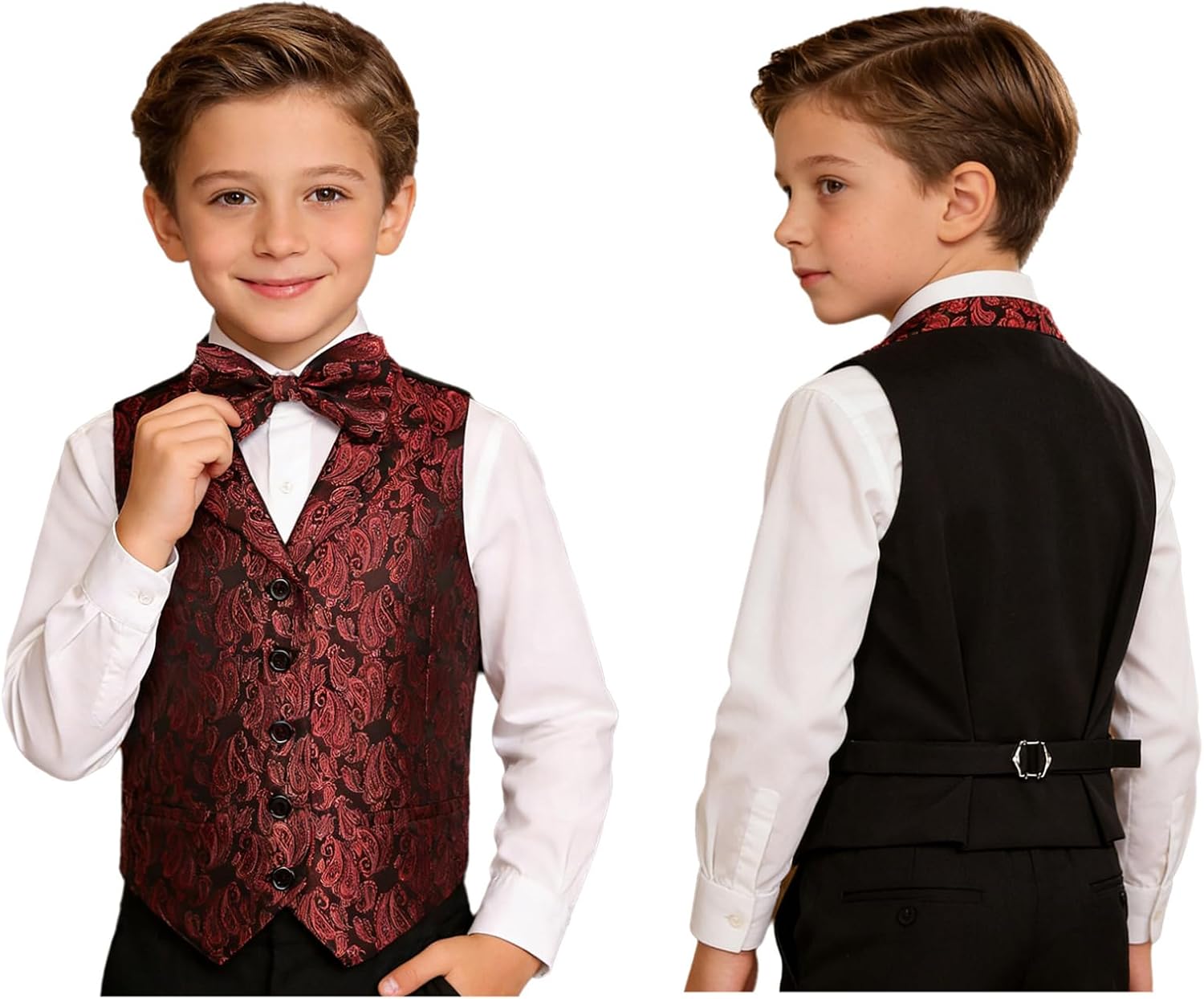 Choomomo Boys 2 Pieces Jacquard Waistcoat Tuxedo Dress Vest Bow Tie Set for Suit or Tuxedo