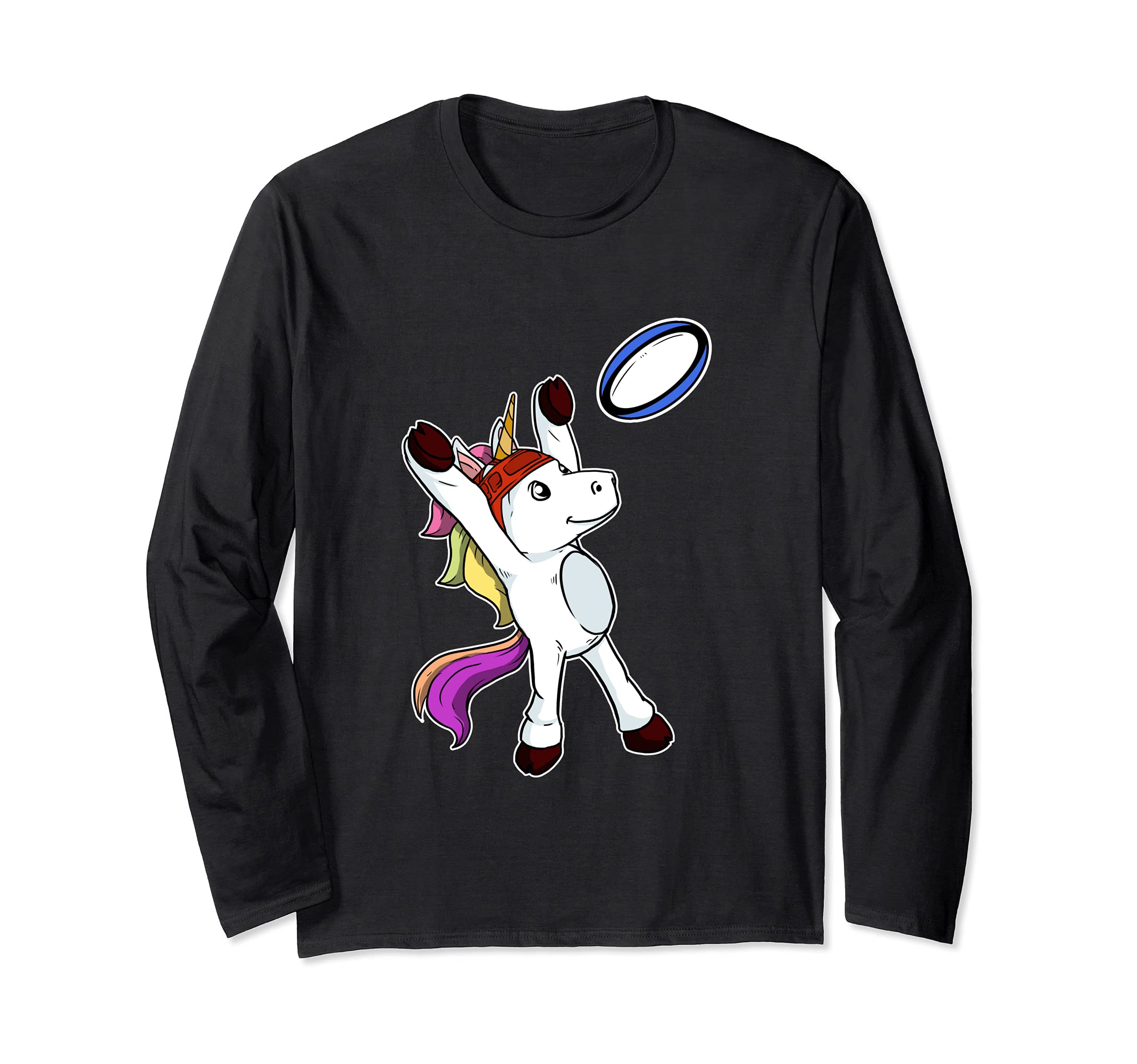 Funny Rugby Player Unicorn Catching Rugby Ball Costume Long Sleeve T-Shirt, Black