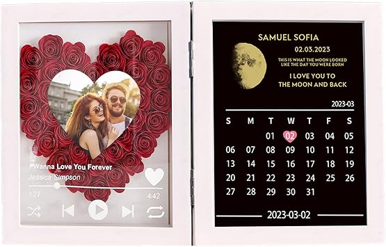 Custom Real Moon Phase Flower Music Shadow Box Personalized Wooden Birthday Moon Phases Frame Day You Were Born Couple Gifts For Anniversary Mothers Day Calendar Moon Phase, Heart