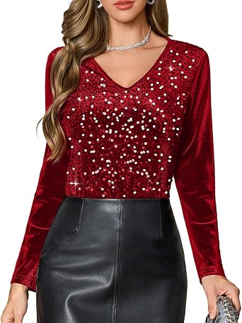 DRESSTELLS Womens Sequin Velvet Tops Glitter Sparkly Party Blouse