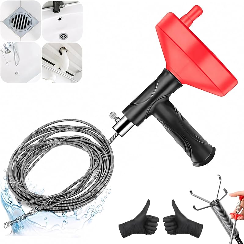 Barrena de serpiente de drenaje, herramienta de eliminación de obstrucciones de cabello de drenaje de serpiente de plomería de 33 pies, barrena de serpiente resistente, herramienta limpiadora de drenaje para baño, cocina, bañera, ducha, removedor de obstrucciones con guantes, rojo