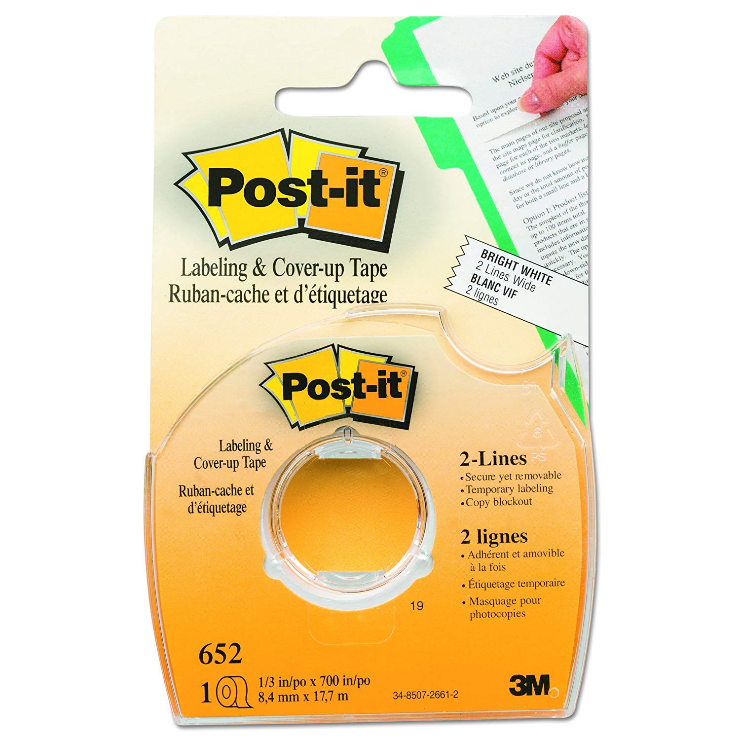Post-it 652 Nastro per etichettatura e copertura, non ricaricabile, rotolo da 1/3" x 700" (4)