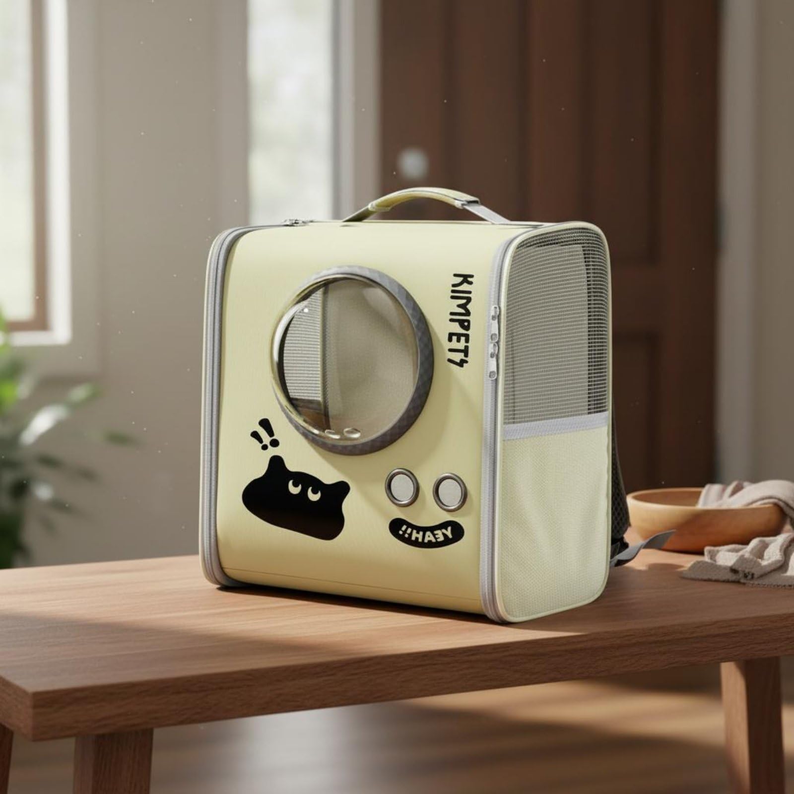 Katze Schulterträger Katzenrucksack Haustiertrage Tiertransport Tasche Tiertragerucksack mit Atmungsaktiven Meshflächen Und Belüfteten Seiten Rundes, Beige, Klein