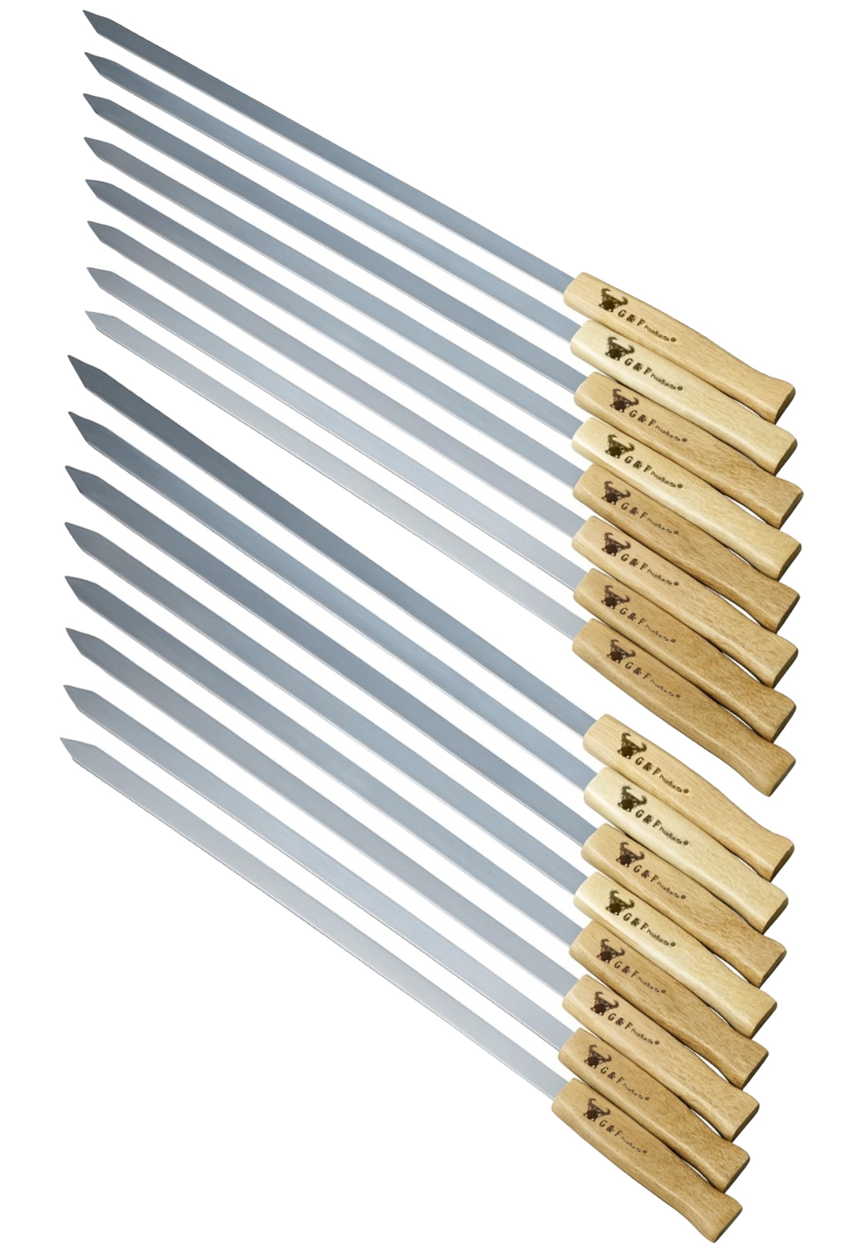 g & f products brazilian bbq skewers 16 piece set stainless steel kabob sticks 17-inch flat blade with hardwood handles reusable commercial grade for grilling meat kebab and outdoor cooking