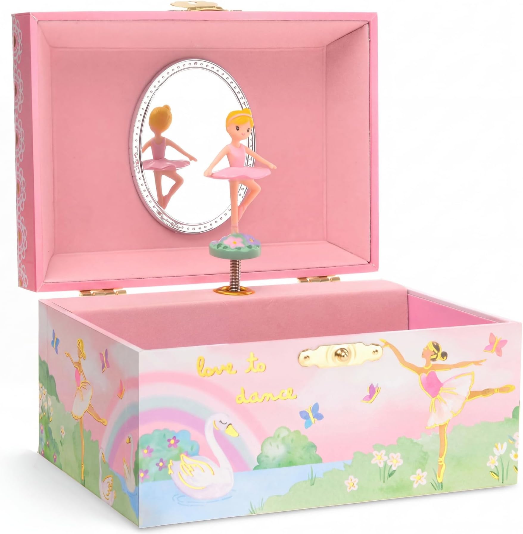 Girl's Musical Jewelry Storage Box with Spinning Ballerina, Rainbow and Gold Foil Design, Swan Lake Tune