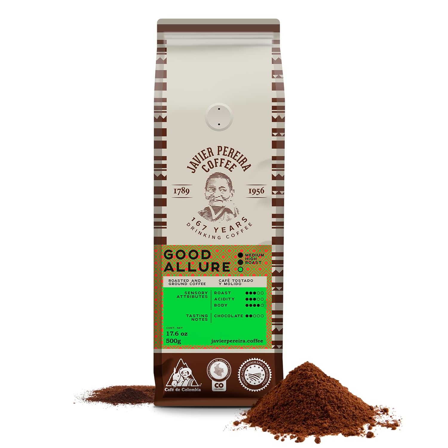 Javier Pereira Coffee - Good Allure Colombian Specialty Coffee – 100% Arabica – Medium Roast – Certified Café de Colombia – Ground – with white chocolate notes - 17.6 Oz