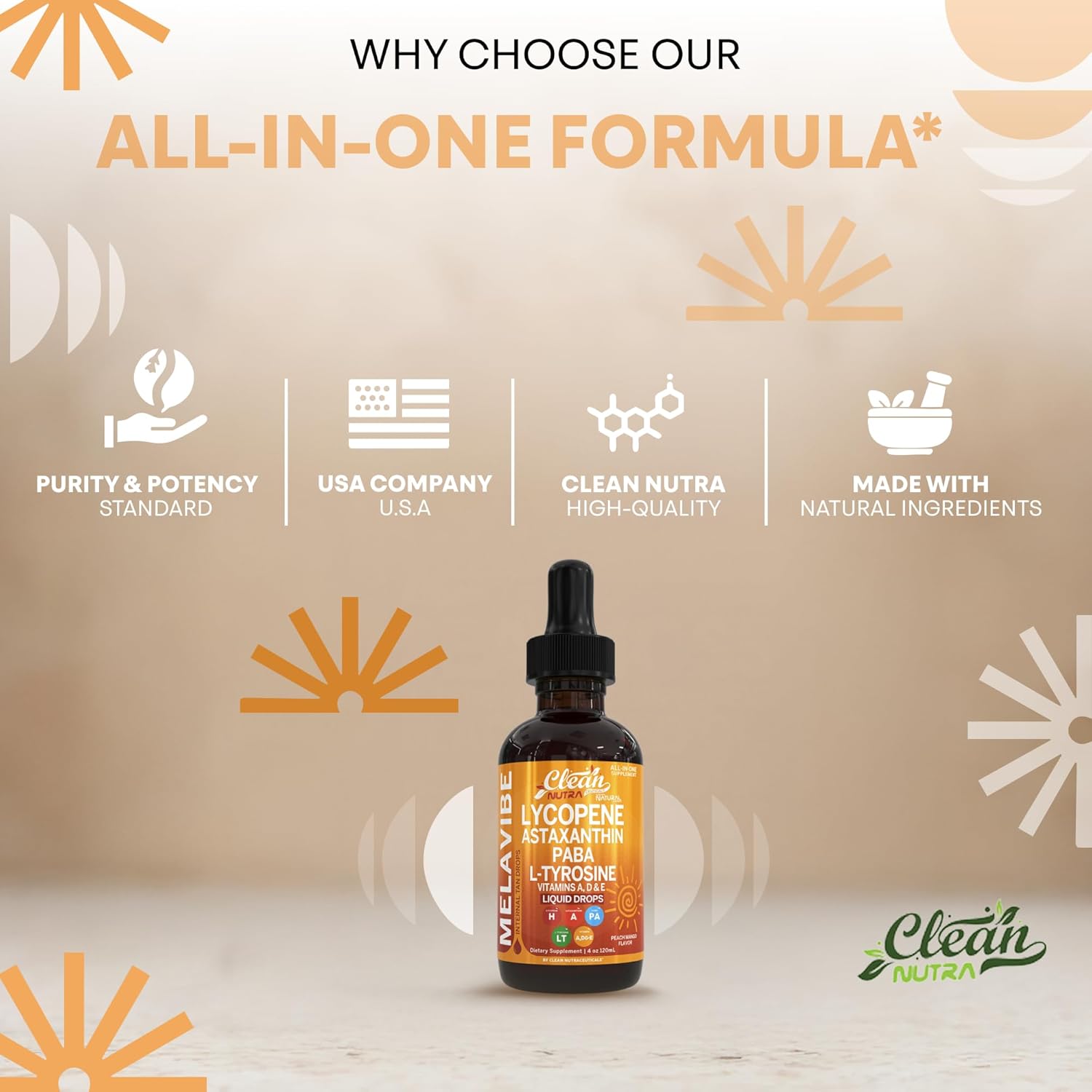 MelaVibe Astaxanthin Internal Tanning Liquid Drops Lycopene PABA L-Tyrosine Grape Seed Extract Vitamin a c d Drops VIT E AMLA Flax Seed Omega 3 Copper Peach Mango Flavor by Clean Nutra - Image 8