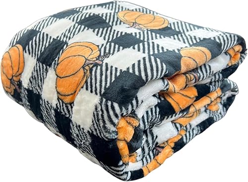 Miniatura 2 de Manta de forro polar para decoración del hogar de Halloween: cuadros a cuadros negros y blancos con diseño de calabazas en terciopelo suave. Tamaño: