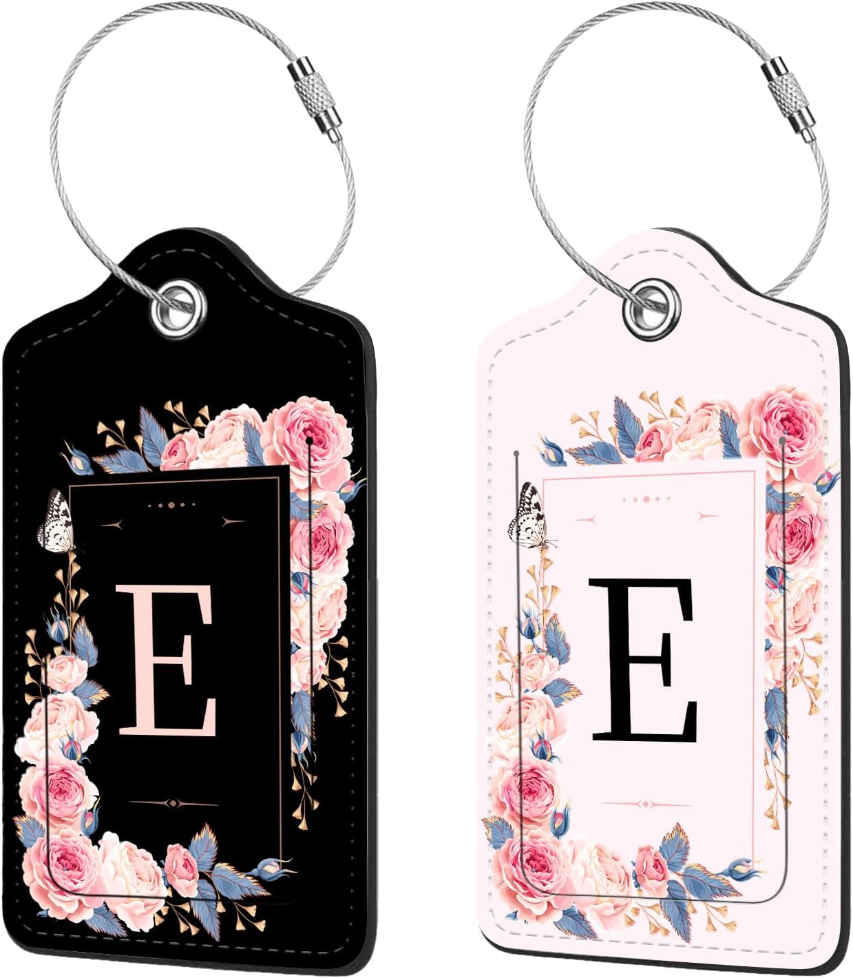 2 Pcs PU Leather Luggage Tag for Suitcases with Privacy Shield and Name ID Tag Address Card Travel Cruise Luggage Tag, Suitable for Men and Women Baggage Handbag Backpack,Flower and Monogram(Letter E
