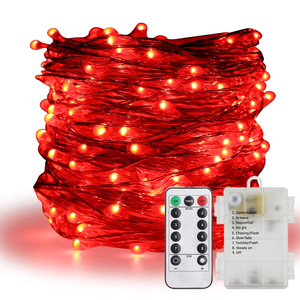 ER CHEN 200 LED String Lights, Battery Operated Waterproof Fairy Lights with Remote, 66 ft 8 Modes Silver Coated Copper Wire Christmas Lights with Timer for Bedroom Wedding Party (Red)
