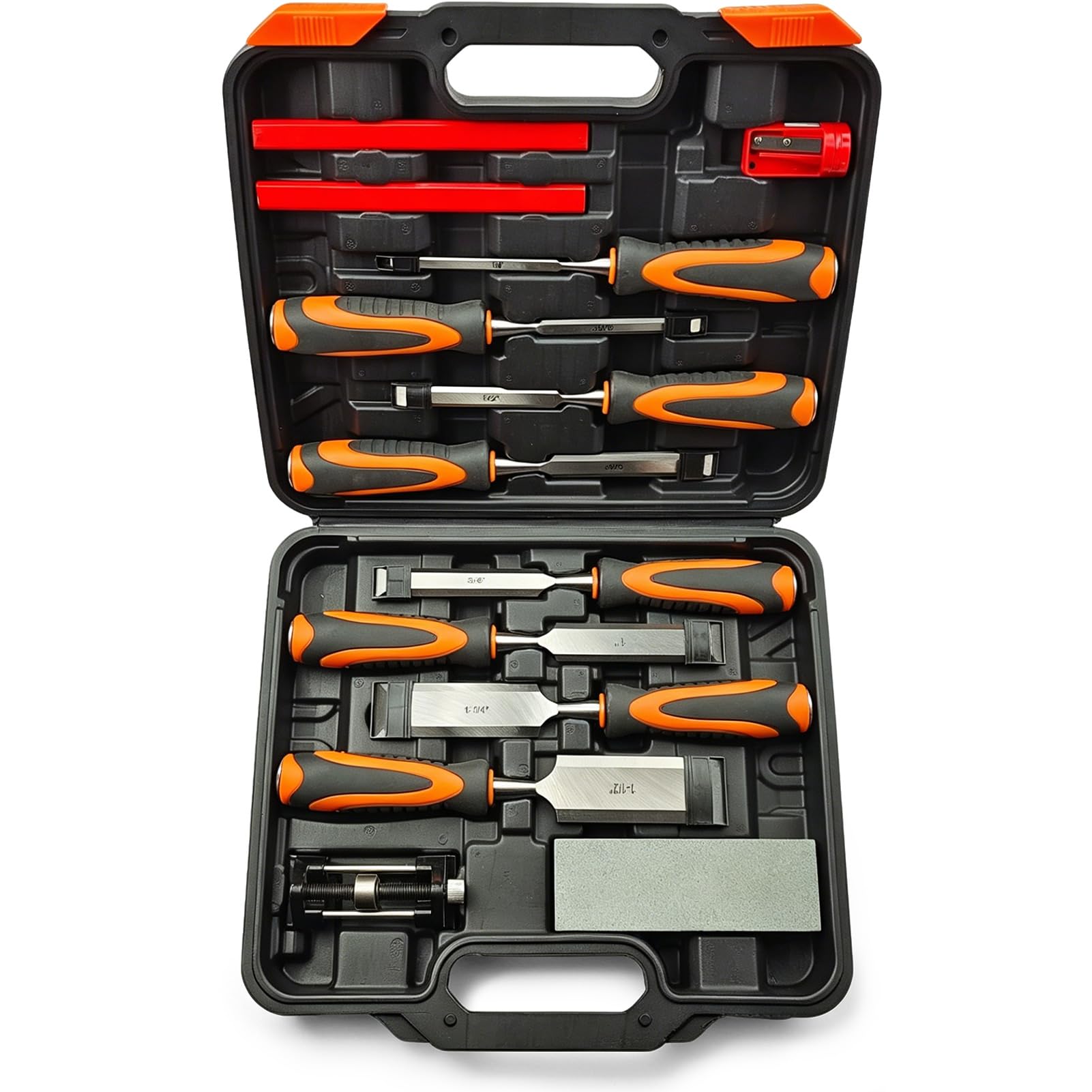 13 Stück Stechbeitel Set Für Holz Profi, 8 Stück Holzbearbeitungswerkzeuge 6-38mm Full Size Chisel Set mit Honing Guide, Schleifstein, Tischler Stifte und Tragetasche & Ergonomischer Griff Für Holzbea