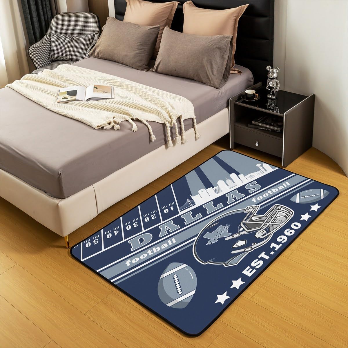 Feelyou Football Living Room Rugs for Bedroom Area Rug 3x5 Boys Girls Rugby Sports Decor Carpet Football City Indoor Floor Mat Dark Blue