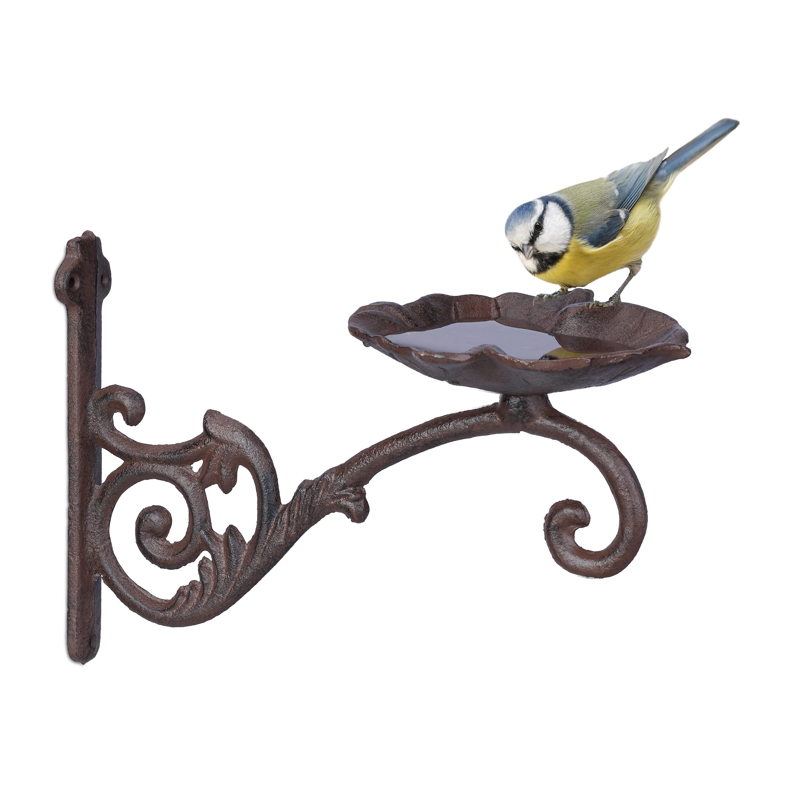 Relaxdays Bebedero Pájaros, Hierro Fundido, Montaje Pared, Forma Hoja, Comedero Aves Silvestres, Diseño Antiguo, Marrón, 100%, 18 x 27 x 13 cm