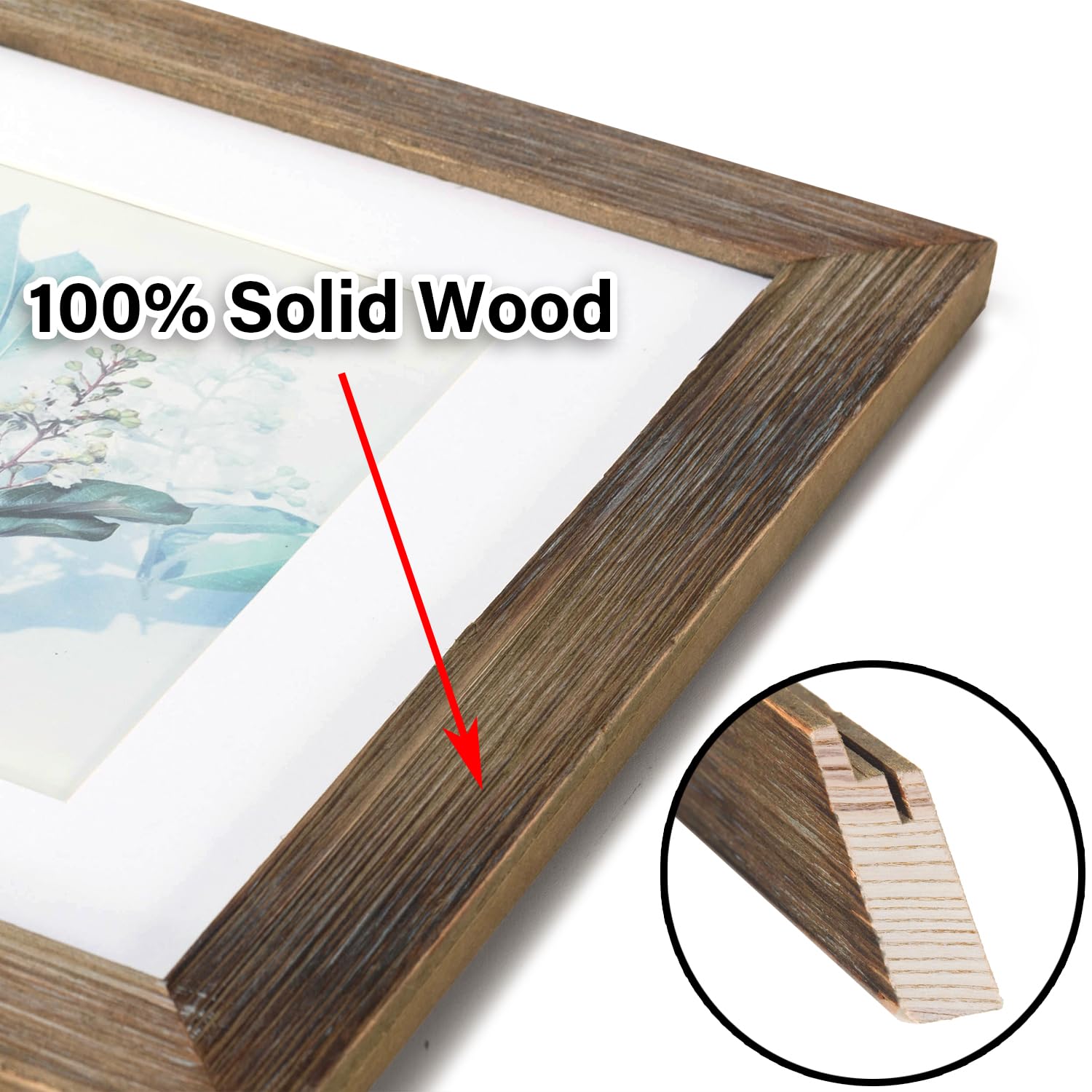 KAIWIN 100% Solid Wood Brown 11x14 Picture Frame 1 Pack Display Picture 8x10 with Mat, HD Glass Inside, Rustic Wooden Photo Frames for Wall Mounting