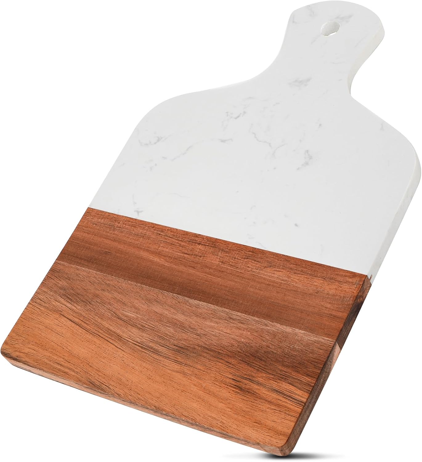 Coloch Marble and Acacia Wood Cutting Board, Charcuterie Chopping Board with Handle, Decorative Serving Board for Cheese, Steak, Bread, Fruit (white)