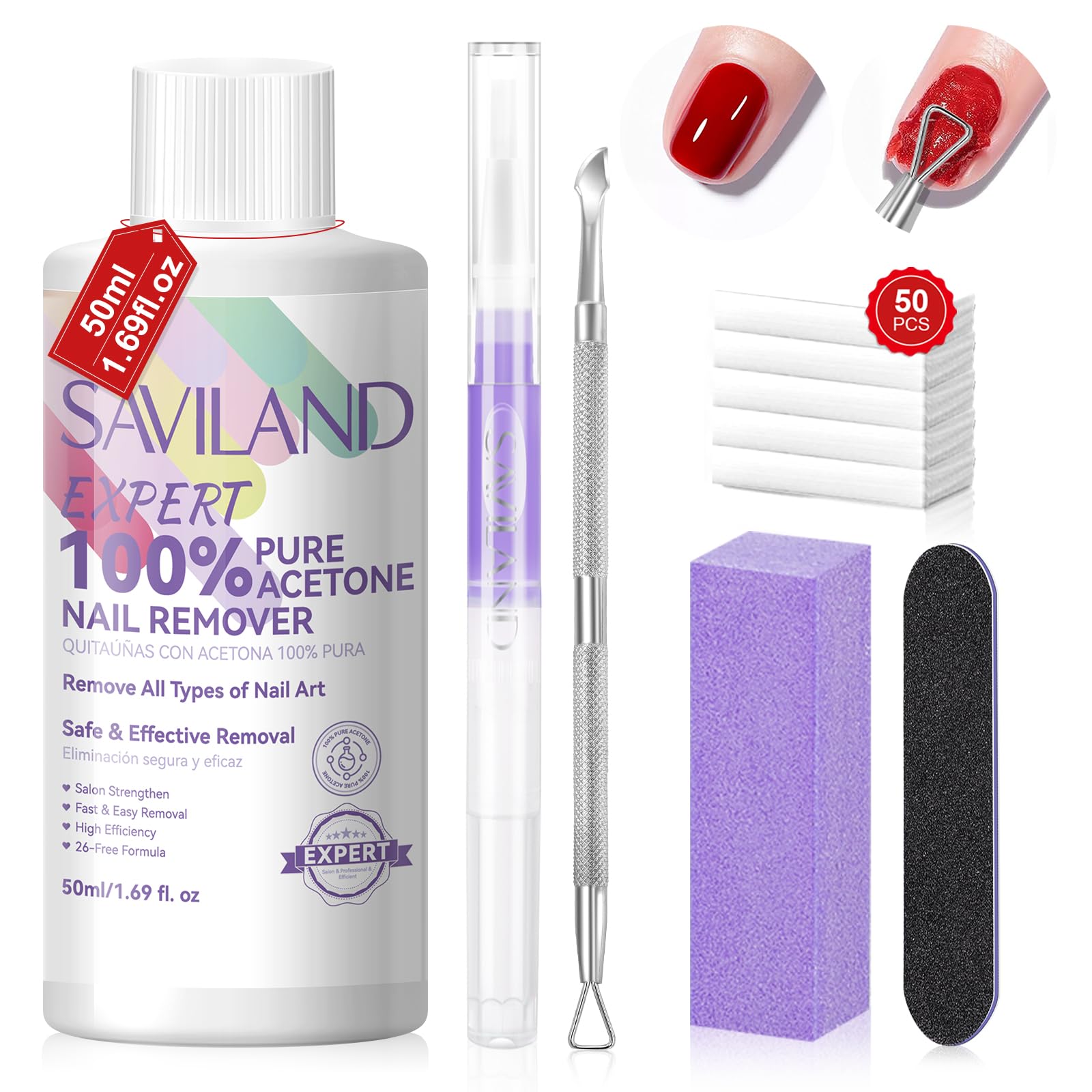 SAVILANDNail Polish Remover Kit: 50 ML Acetone Nail Polish Remover Non-Drying Expert Gel Remover with Cuticle Oil & Tools Quick Removal for Nails Polish Acrylic Dip Powder DIY Salon