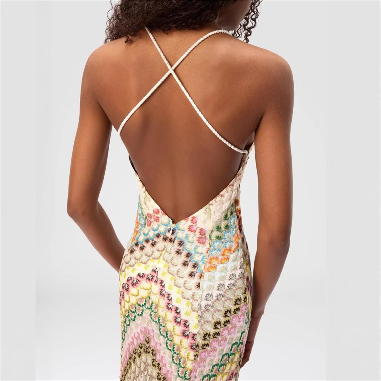 Vestido de Playa retales, Largo Sexy con Tirantes Hecho a Mano Ganchillo for Mujer, Verano for