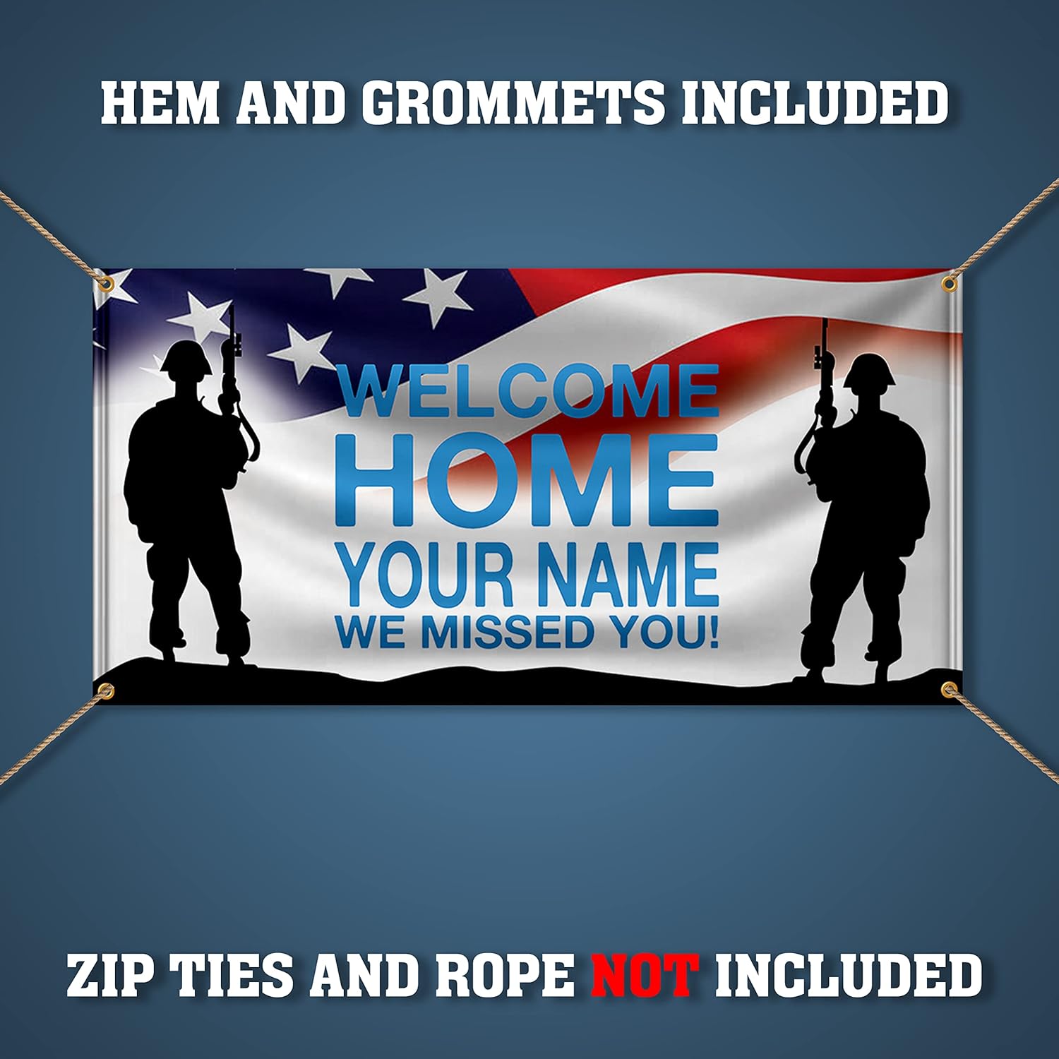 BannerBuzz Welcome Home We Missed You US Soldier Personalized Name Banner 11 Oz Vinyl PVC Flex Banners with Hemmed Edges & Metal Grommets Free (4' X 2')