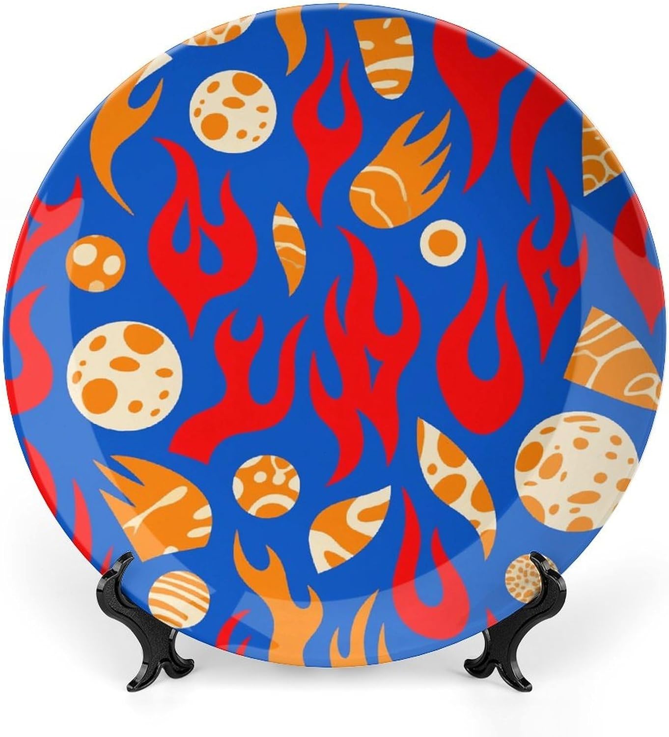 Blue Red Flame Decorative Plates Bone China Plates with Stand for Display 10inch Round Ceramic Dinner Plates Dessert Plate for Kitchen Party Coffee Table Decor Art
