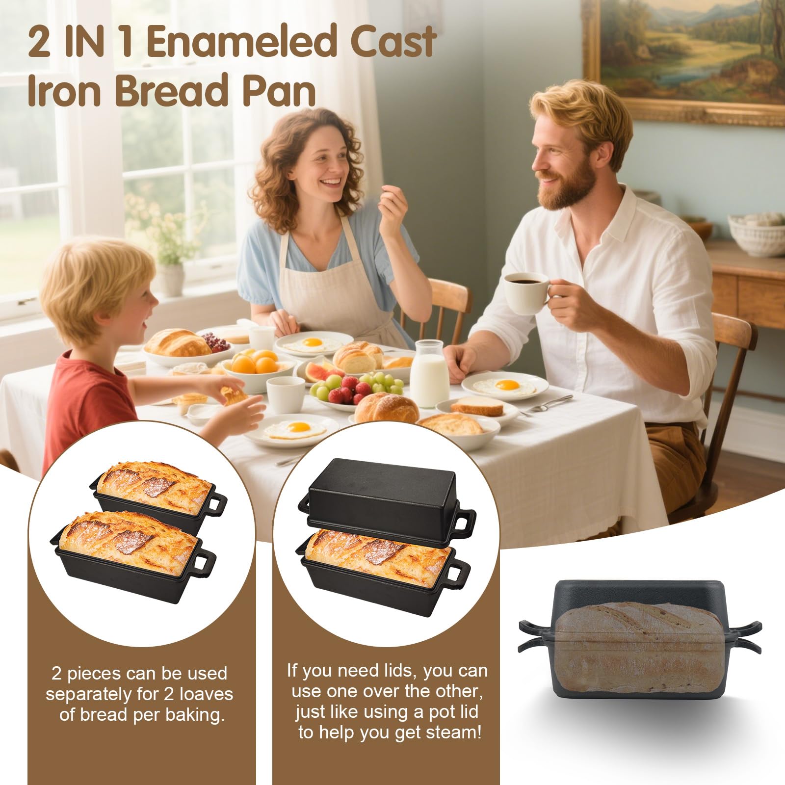 Rostiera 2 in 1 in ghisa con coperchio, 23 × 13 cm, teglia per pane con doppi manici e manico del coperchio, rettangolare, nero, per pane alla banana e carne, distribuzione uniforme del calore
