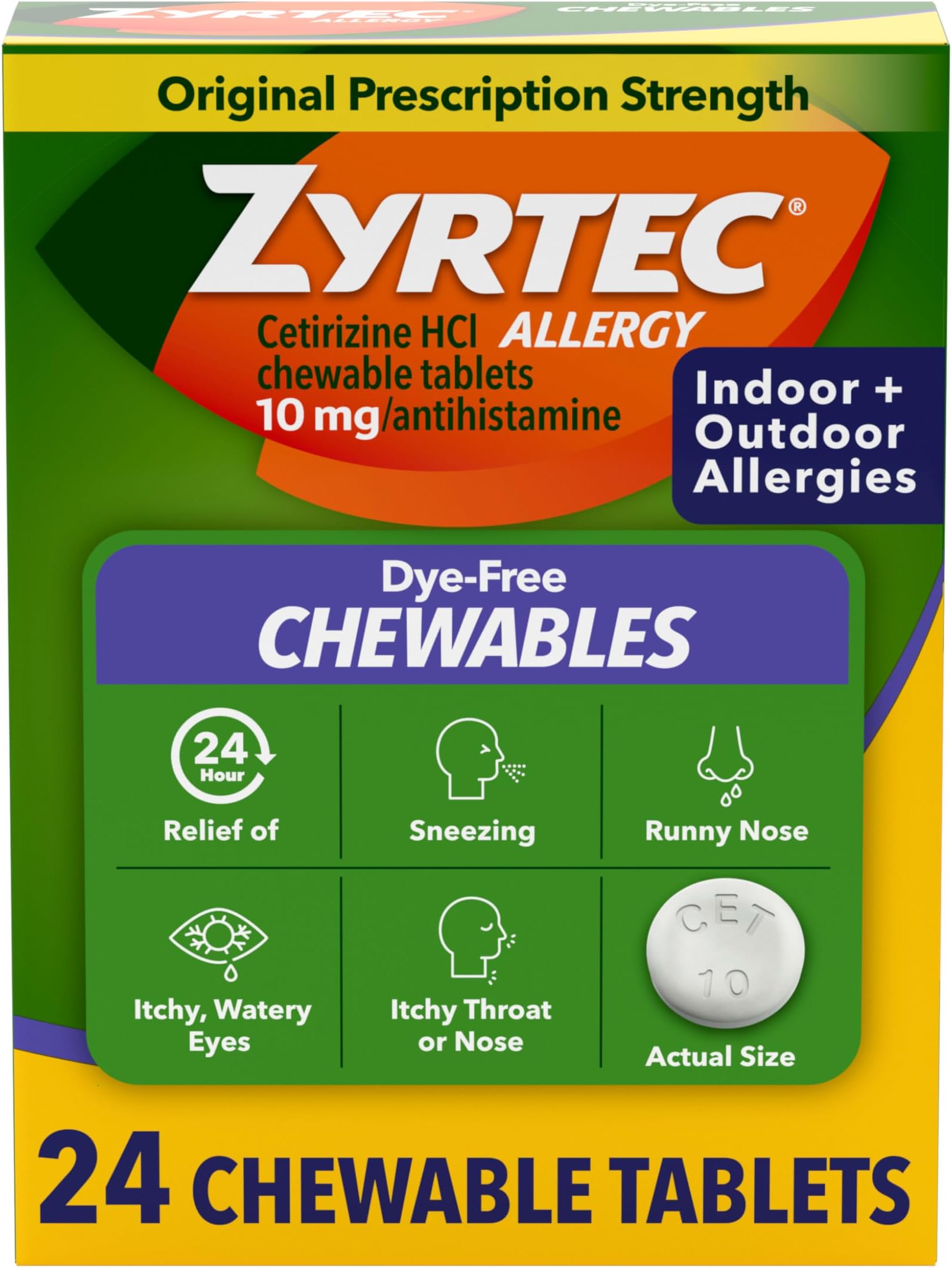 Zyrtec 24-Hour Allergy Relief Chewable Tablets, 10 mg Cetirizine HCl, 24 ct