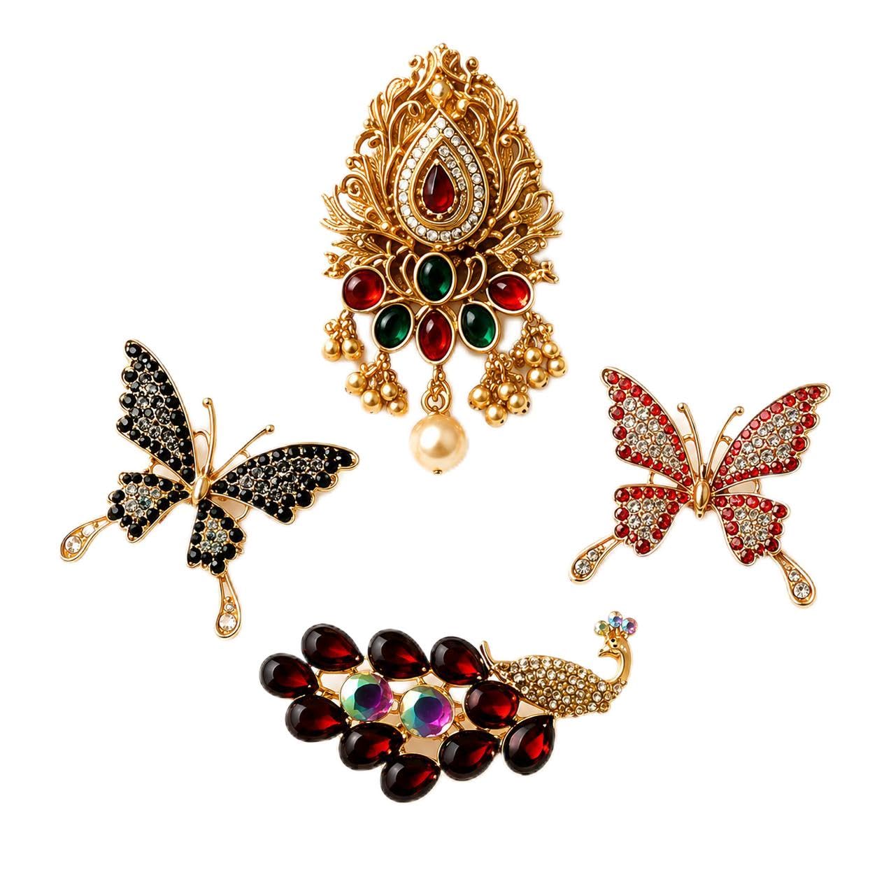 Designer Saree Brooch Pin Combo 4 Pcs Crystal Stone Gold Plated for Women-picture-42