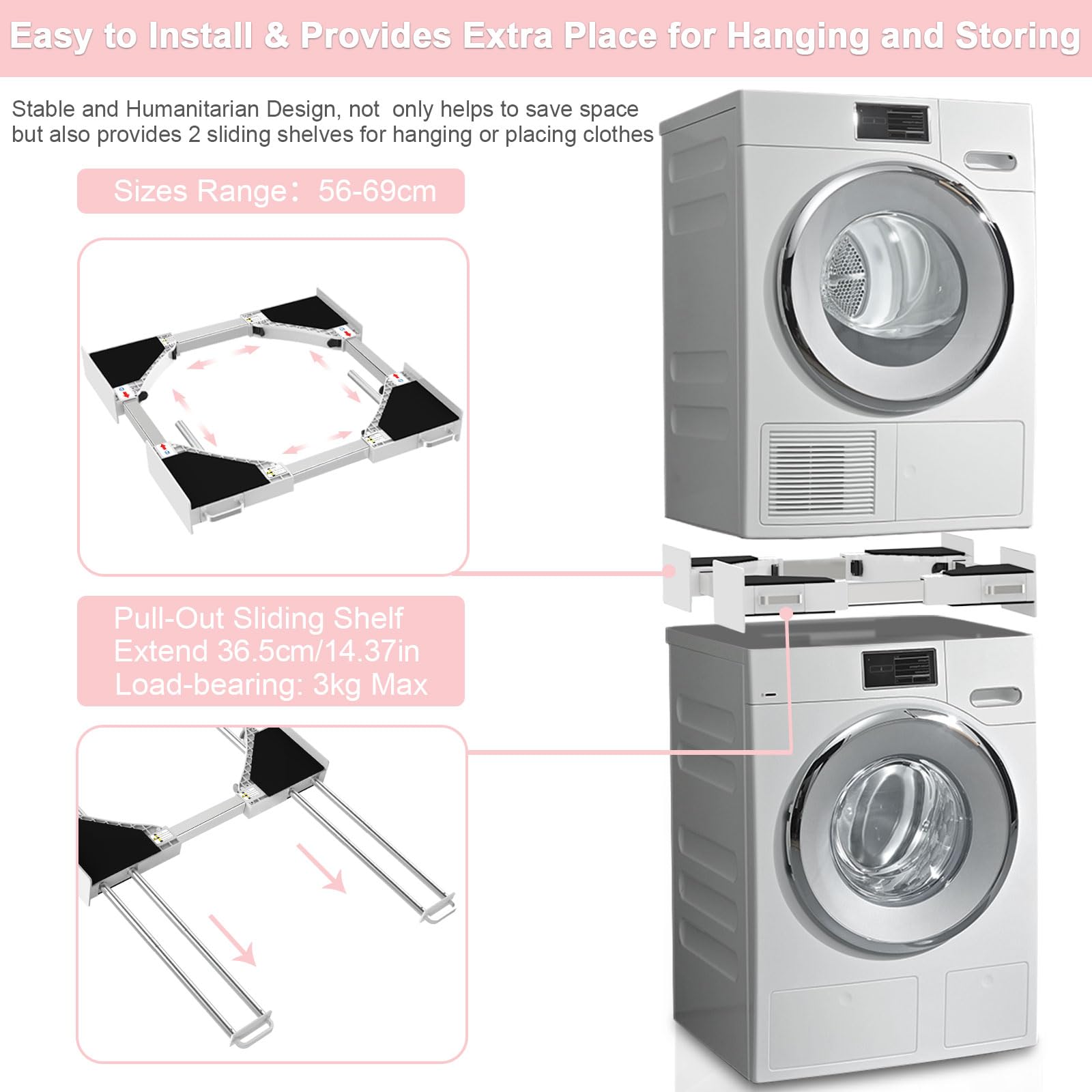 NIUXX Kit sovrapposizione lavatrice asciugatrice, con 4 aste telescopiche, Telaio Intermedio Universale per Lavatrice e Asciugatrice con Cinghie Cricchetto, misura regolabile (46-66 cm)